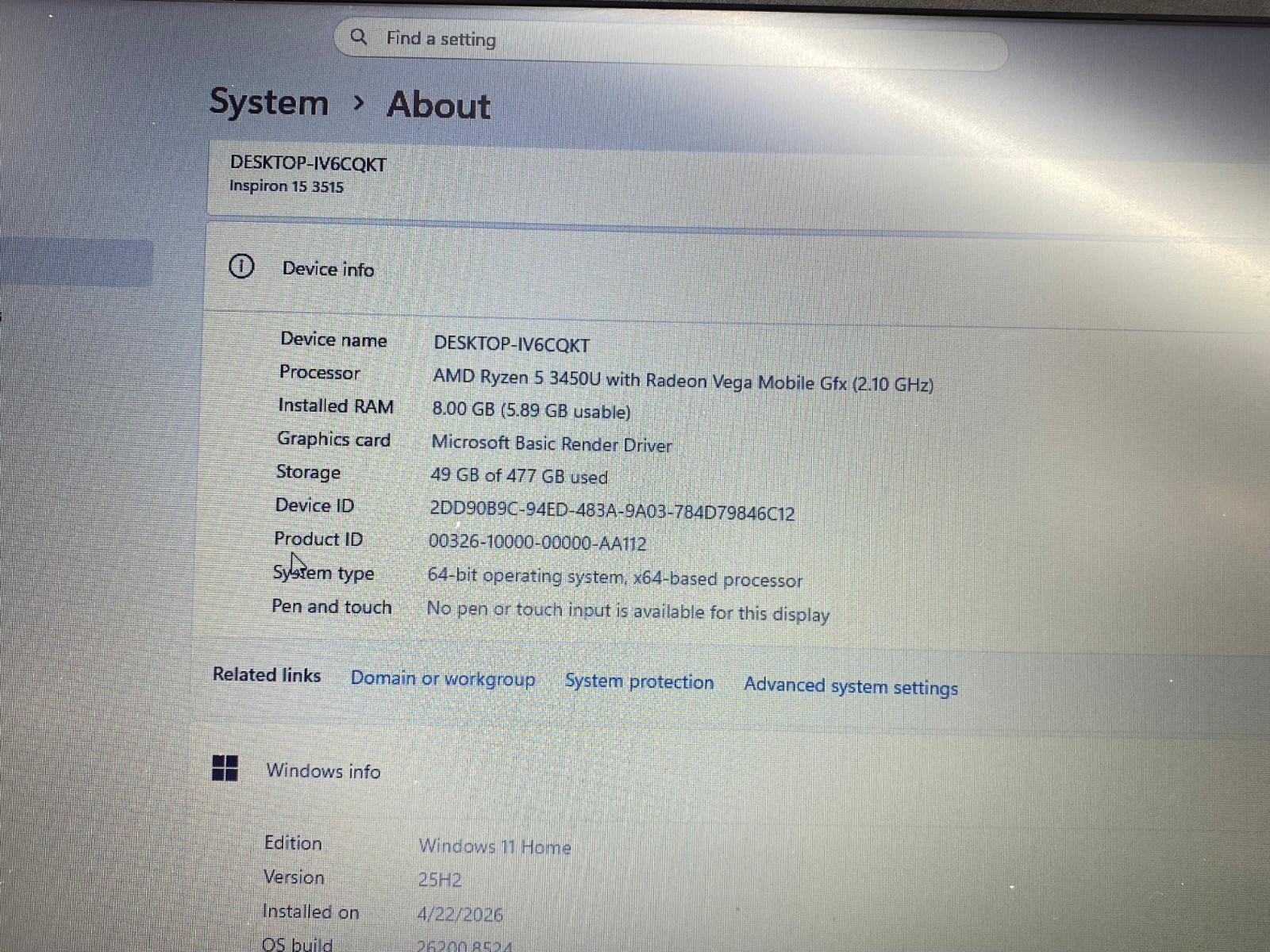 DELL INSPIRON 15 3515 RYZEN5 3450U@2.10GHz 8GB 512GB NVMe W11H w/RADEON VEGA GFX