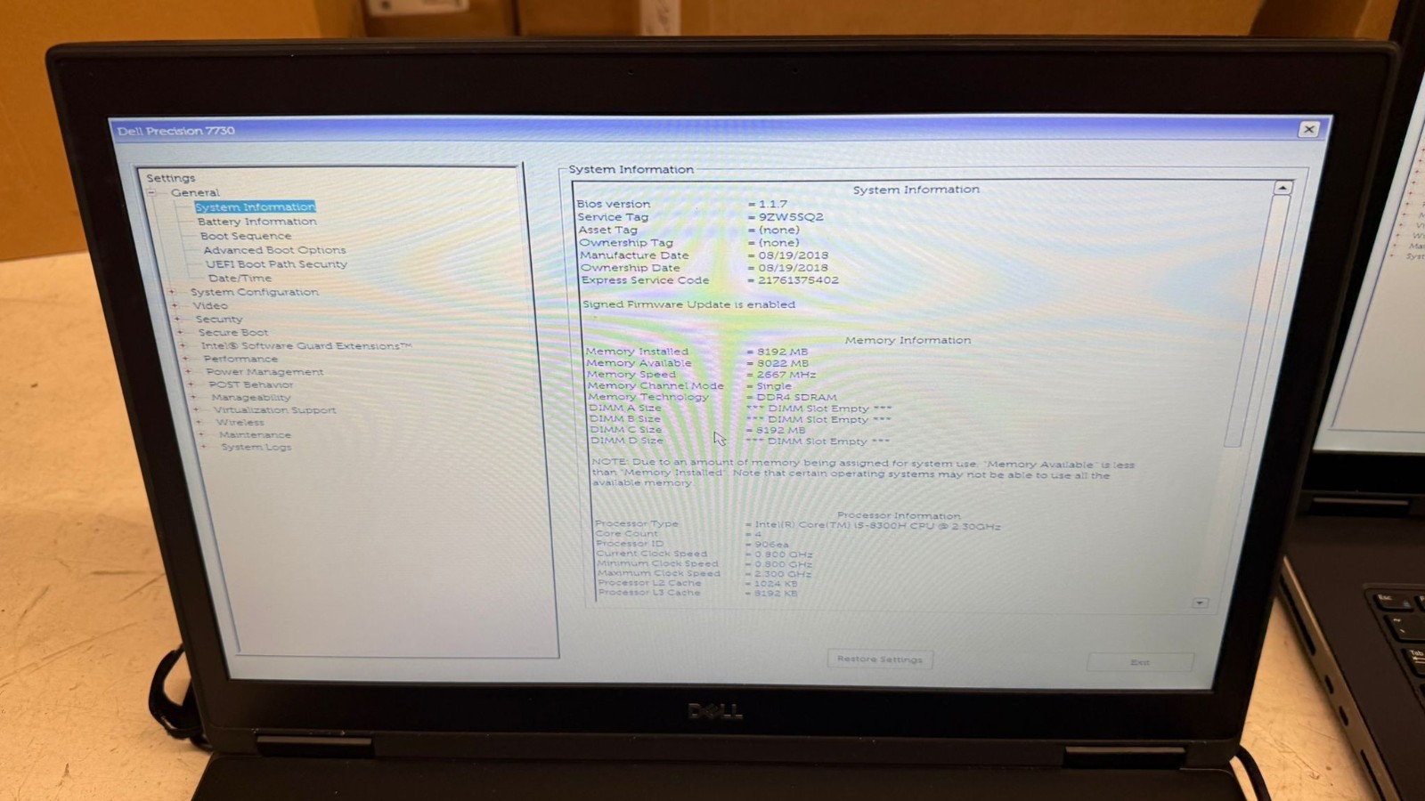 Lot of 9 Dell Precision 7730 17″ Laptop Core i5-8300H 8GB RAM NO SSD Boot Bios