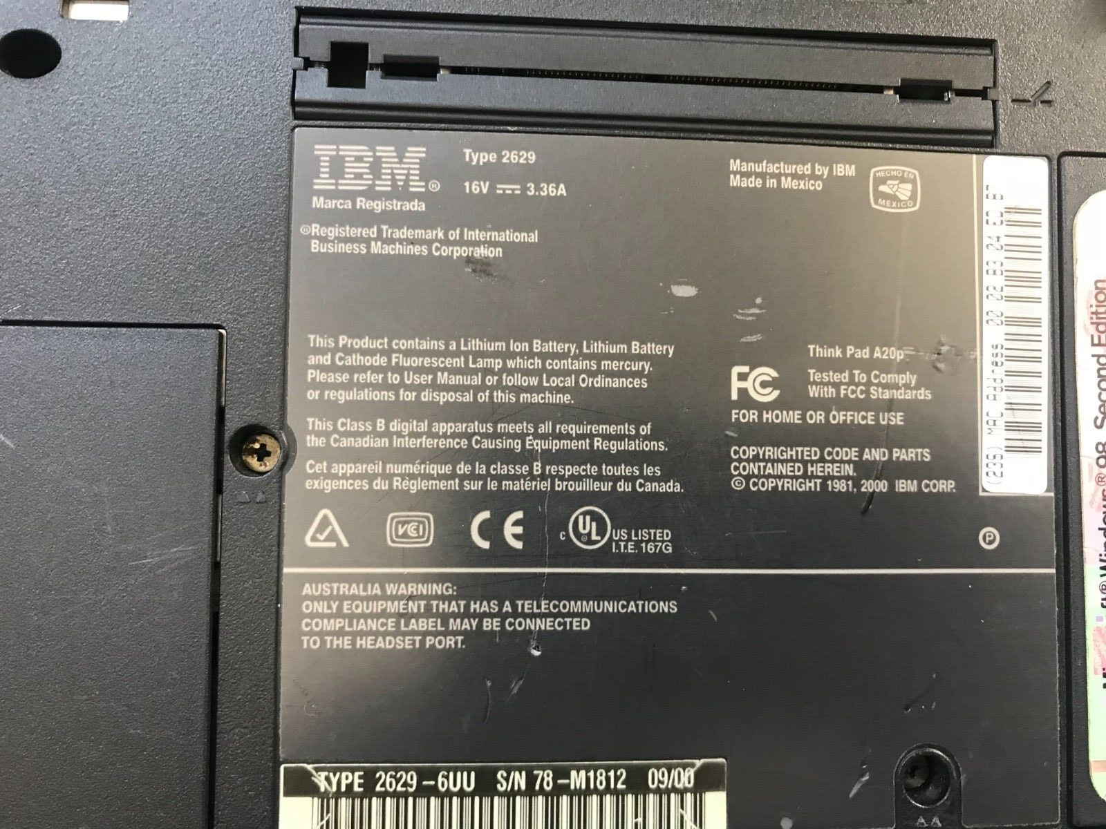 IBM Thinkpad A20p Type 2629-6UU 15″ Intel Pentium III 750GHz 256 MB RAM 40GB HDD
