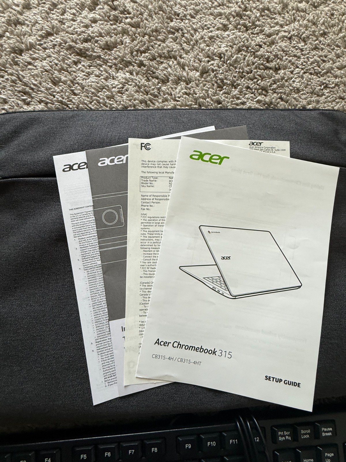 Acer Chromebook 315 with computer sleeve, charger, included a Skilcraft keyboard