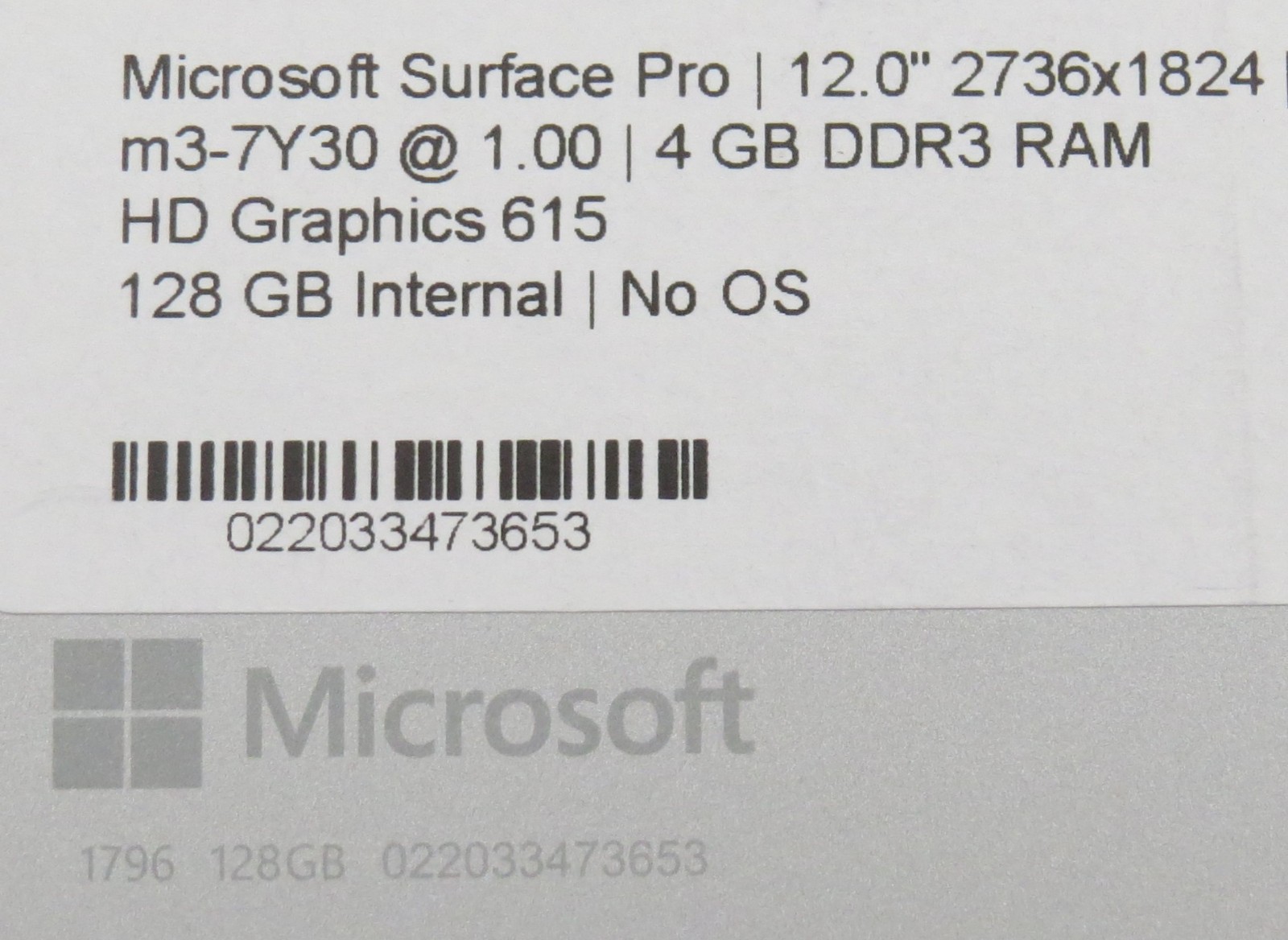 Microsoft Surface Pro 5 1796 | M3-7Y30 | 4GB RAM | 128GB SSD | No OS / AC