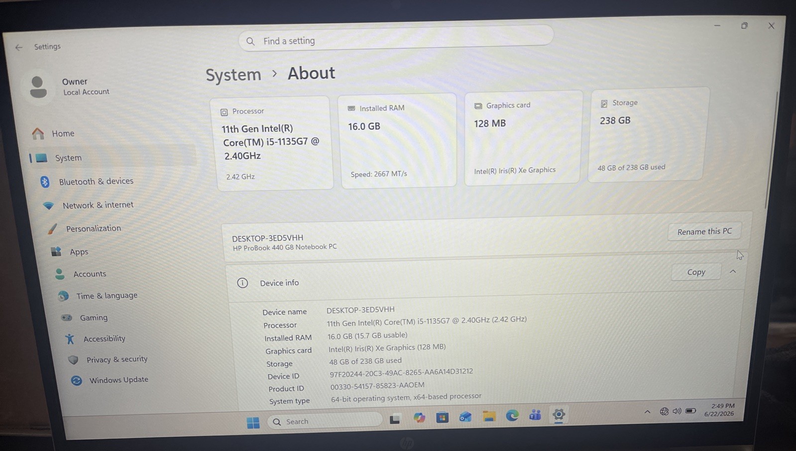 HP ProBook 440 G8 14″ i5-1135G7@2.4GHz, 16GB RAM, 256GB M2, Win 11 Pro