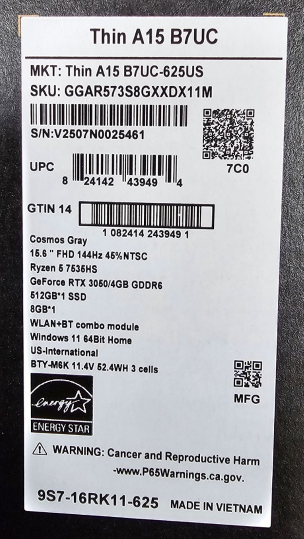 MSI Thin A15 B7UC-625US 15.6″ , Ryzen 5 7535HS, 8GB Ram, 512GB SSD, RTX 3050 4GB