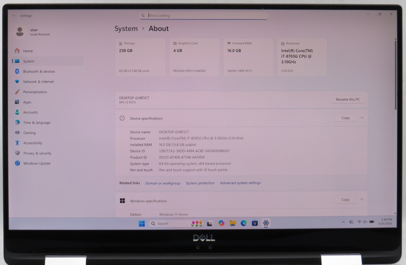 Dell XPS 15 9575 4K Touch 2in1 _ i7-8705G _ 16GB / 256GB _ Radeon RX _ W11H