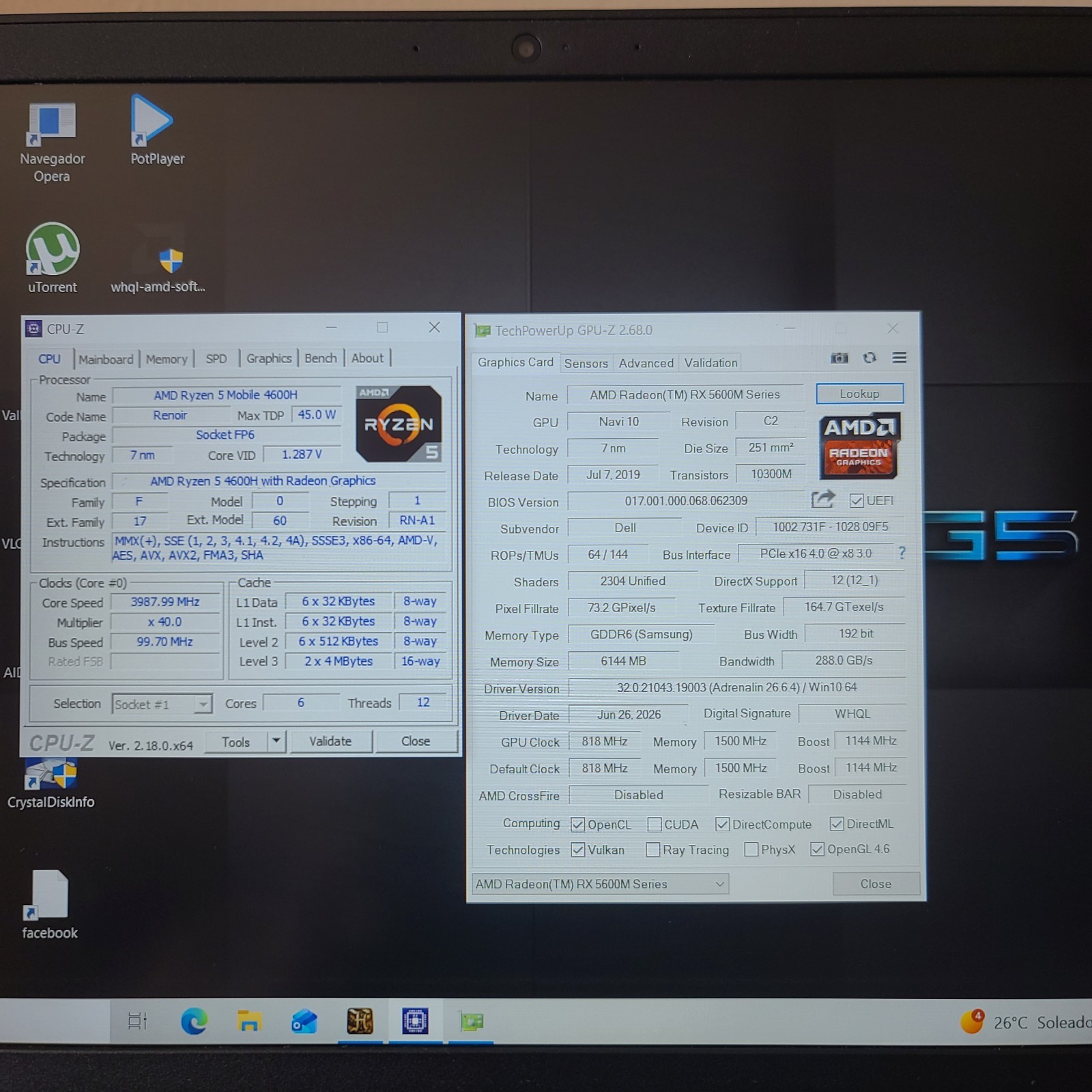 DELL G5 SE 5505 GAMING LAPTOP RYZEN 5-4600H 3.00GHz 12GB RAM RX5600M 256GB NVMe