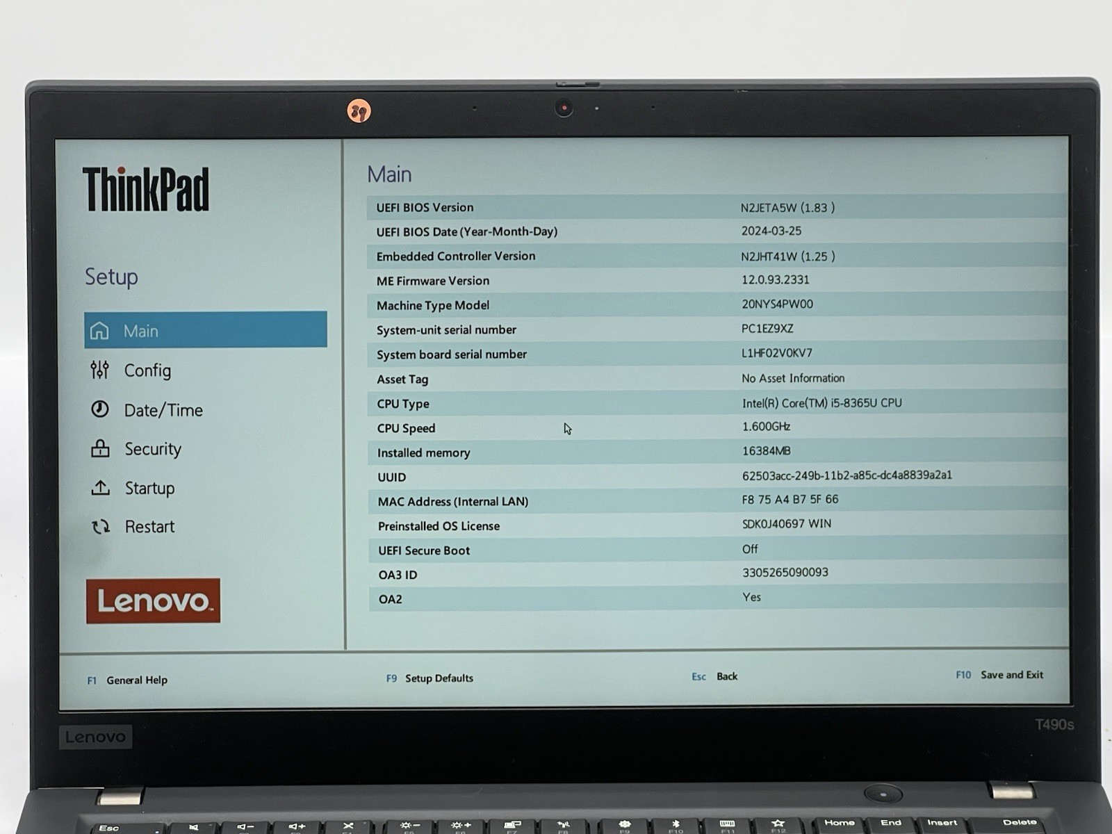 Lenovo ThinkPad T490s, i5-8365U CPU @ 1.60GHz, 16GB RAM-No HDD/OS/Charger