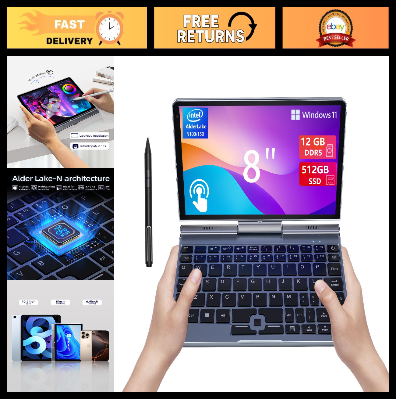 8″ Mini 2-in-1 Laptop, HD Touchscreen, Win 11 Pro, 12GB RAM, 512GB SSD, Wi-Fi 6,