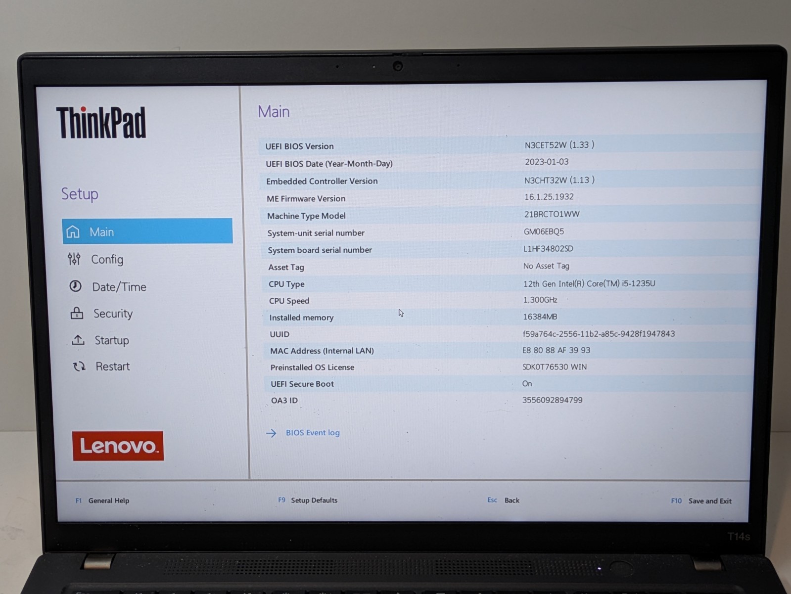 Lenovo ThinkPad T14s Gen 3 i5-1235U 16GB RAM (No SSD, No OS)
