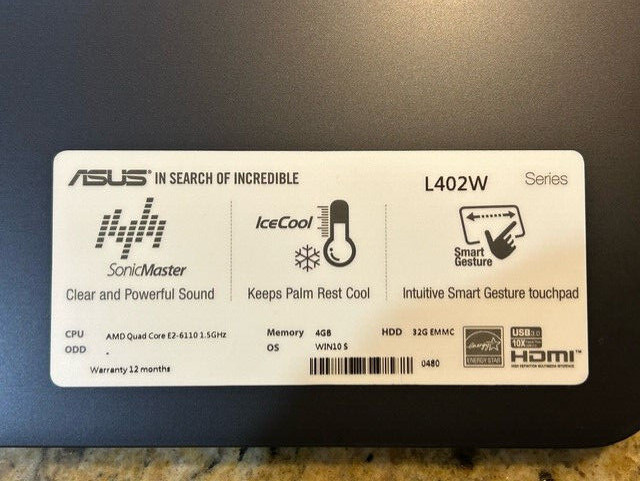 ✅ ASUS Sonicmaster L402W Laptop Computer & Charger 4GB Ram Windows 10 S AMD E2