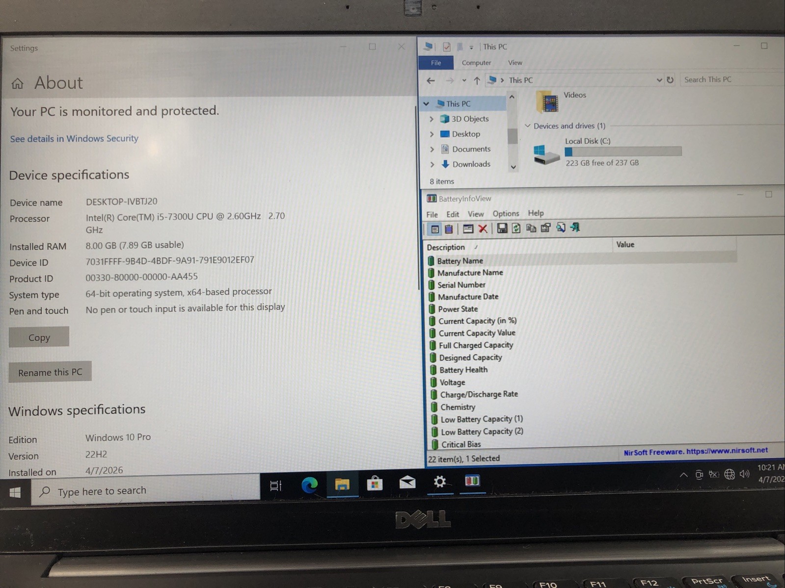 Dell Latitude 7480, Intel Core i5-7300U @2.60Ghz, 8GB RAM, 256GB SSD, W10Pro