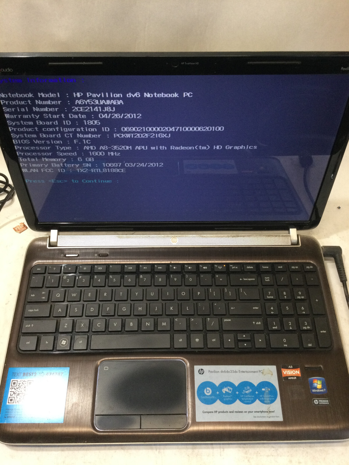 HP PAVILION DV6 – BOOTS TO BIOS – AMD A8 – 6GB RAM – READ DESCRIPTION – BB