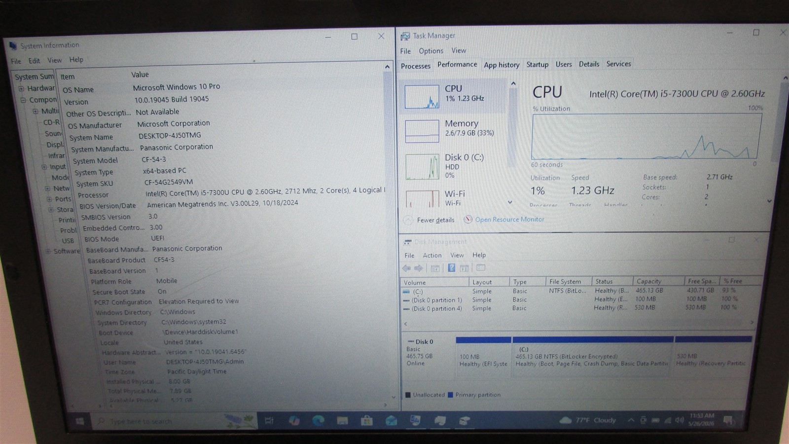 Panasonic Toughbook CF-54 MK3 i5-7300U 2.6GHz 8GB 500GB HDD 14″ W10P BIOS LK/DMG