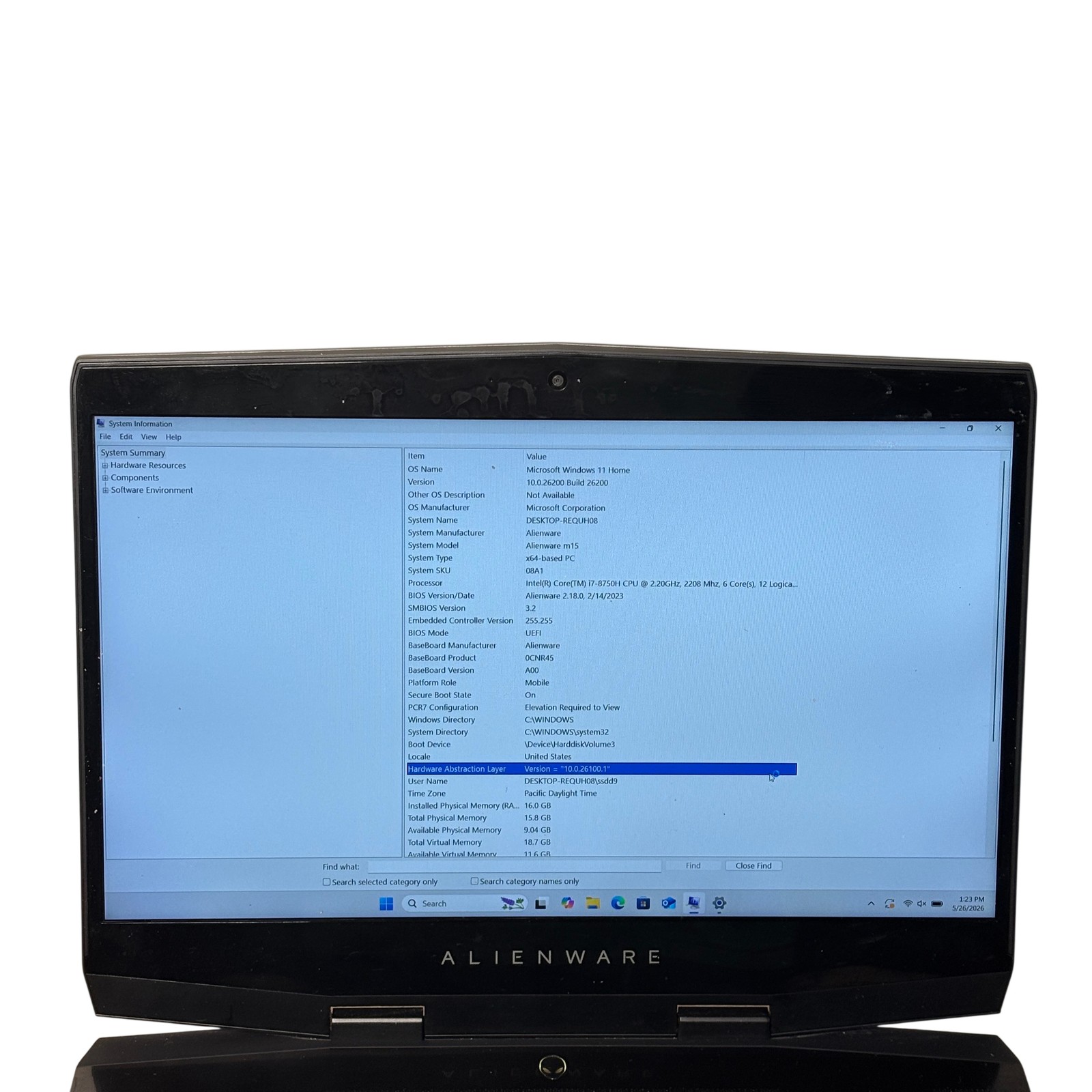 Alienware m15 P79F Intel Core i7-8750H 2.2GHz 16G RAM 128GB SSD 15.6″ Win11 Home