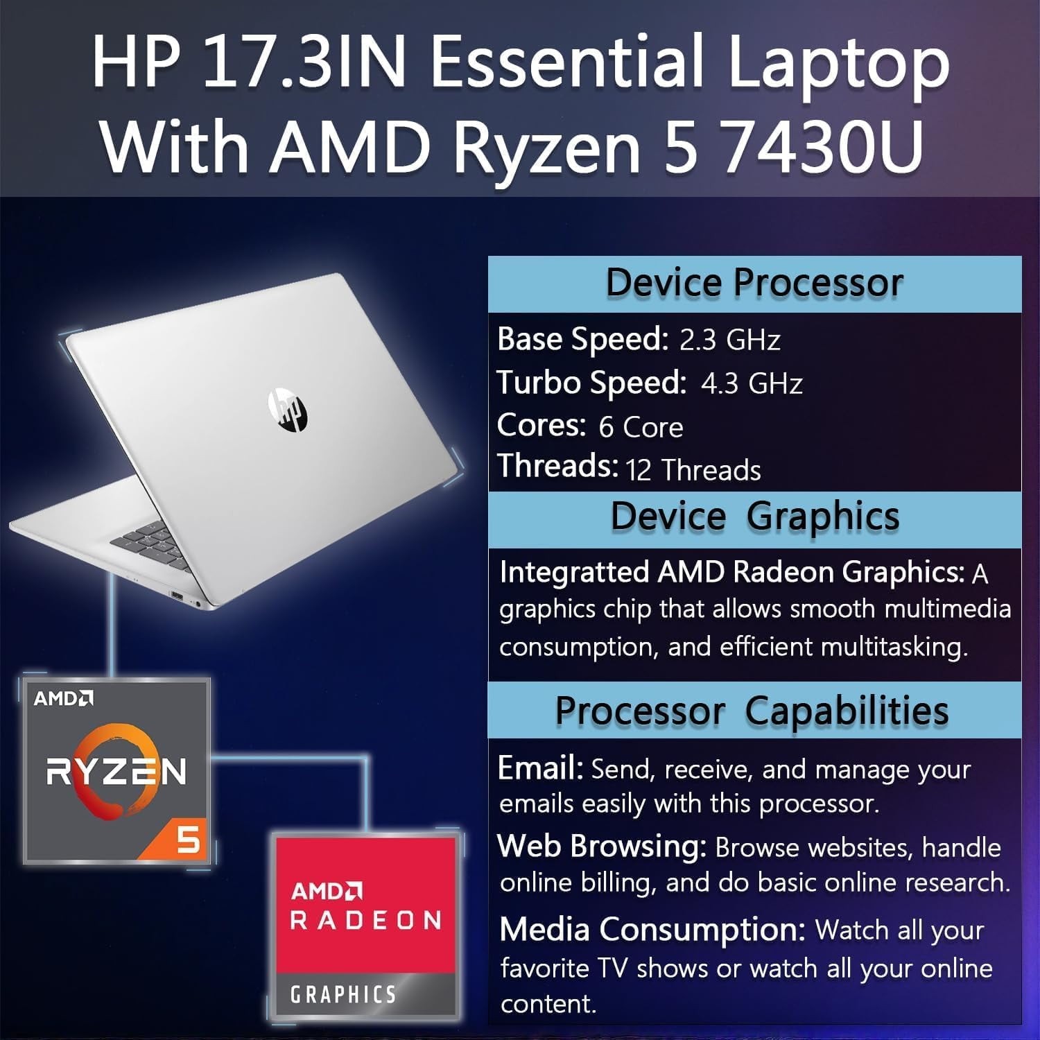 HP 17-cp3155cl Laptop 64GB-2TB SSD Win11Pro 17.3″ HD Ryzen5 7430U | Silver Touch