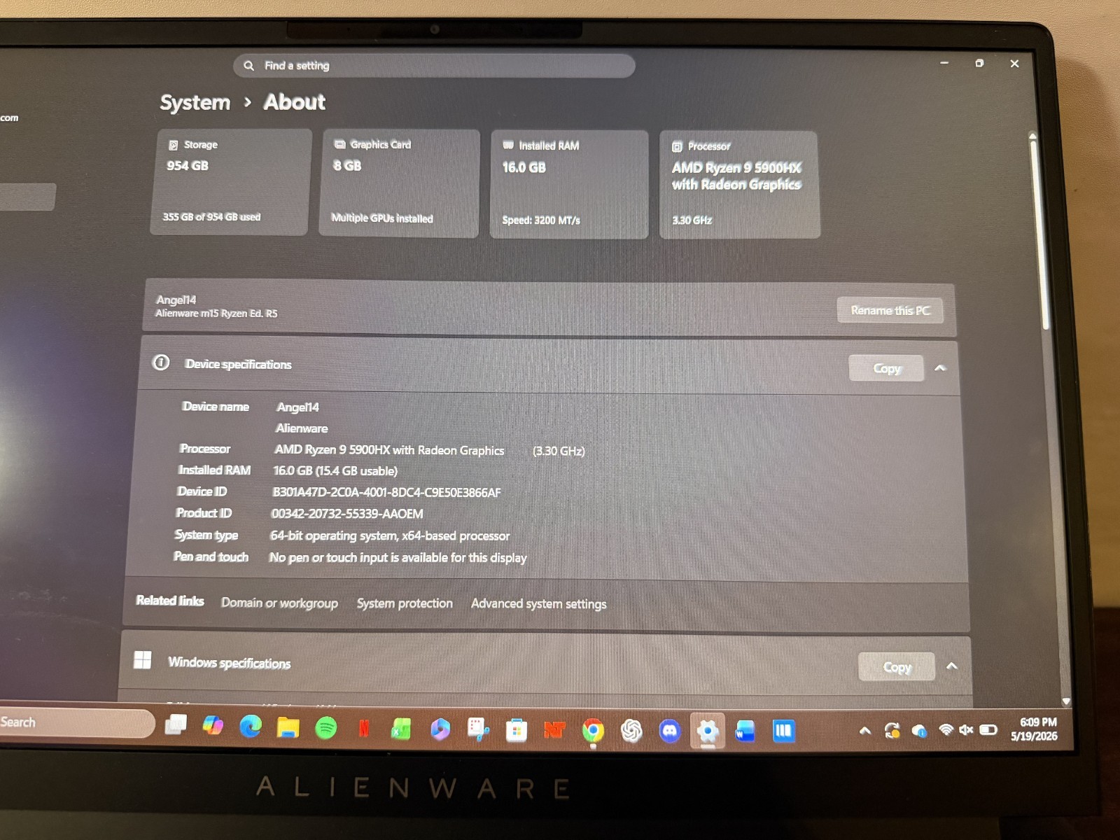 Alienware m15 R5 Ryzen 9 5900HX RTX 3070 16GB 1TB Gaming Laptop 360Hz