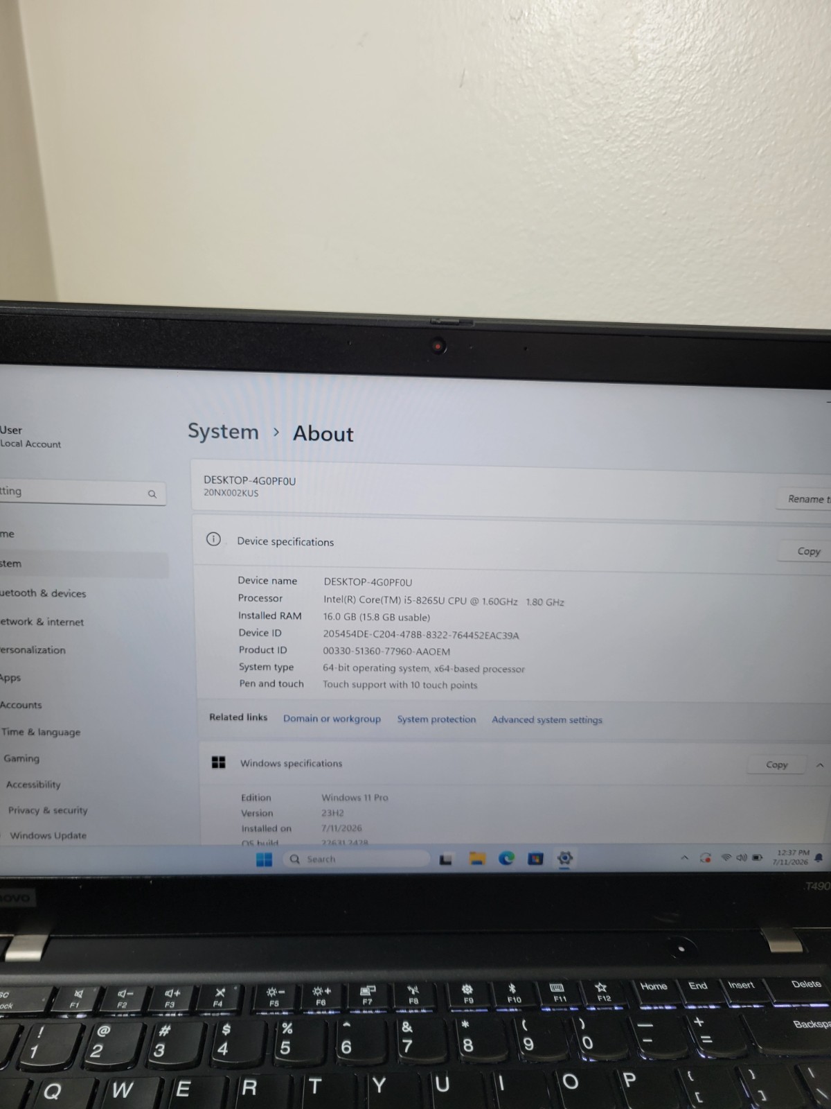 Lenovo Thinkpad T490s i5 8650U 16Gb 256Gb FHD 14″ Touchscreen . Grade B+