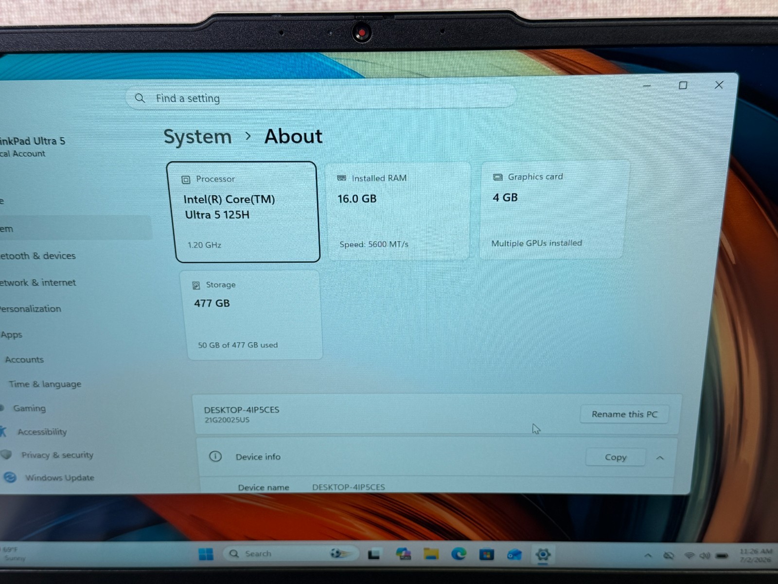 2024 LENOVO THINKPAD P14s GEN 5 14″ CORE ULTRA 5 125H 16GB 512GB SSD RTX 500 ADA