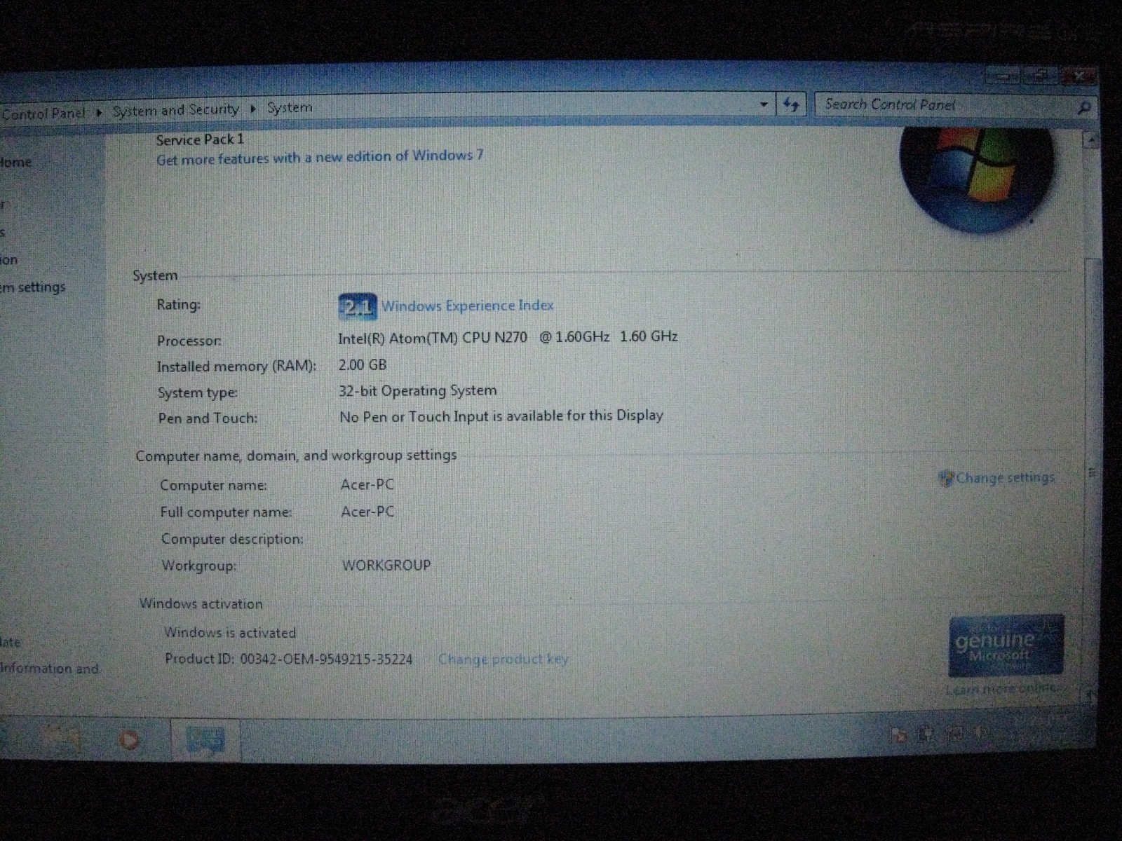 Acer Aspire One 531h Netbook Computer w/ AC Adapter
