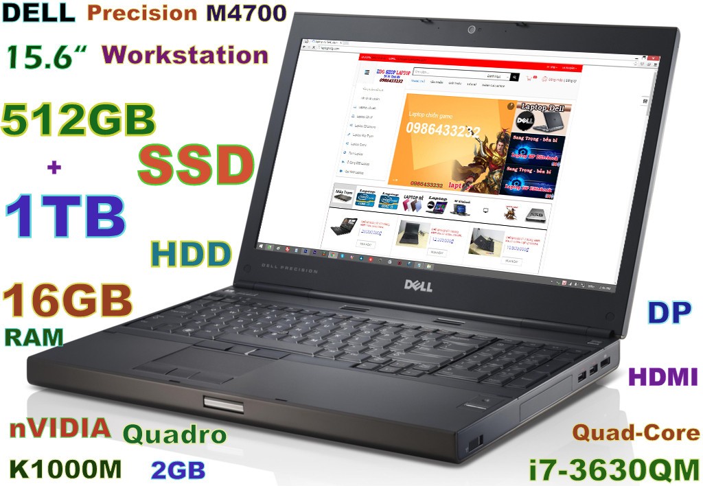 Workstation DELL M4700 i7-QUAD (512GB SSD + 1TB) 32GB DVDRW 15.6″ FHD Quadro 2GB