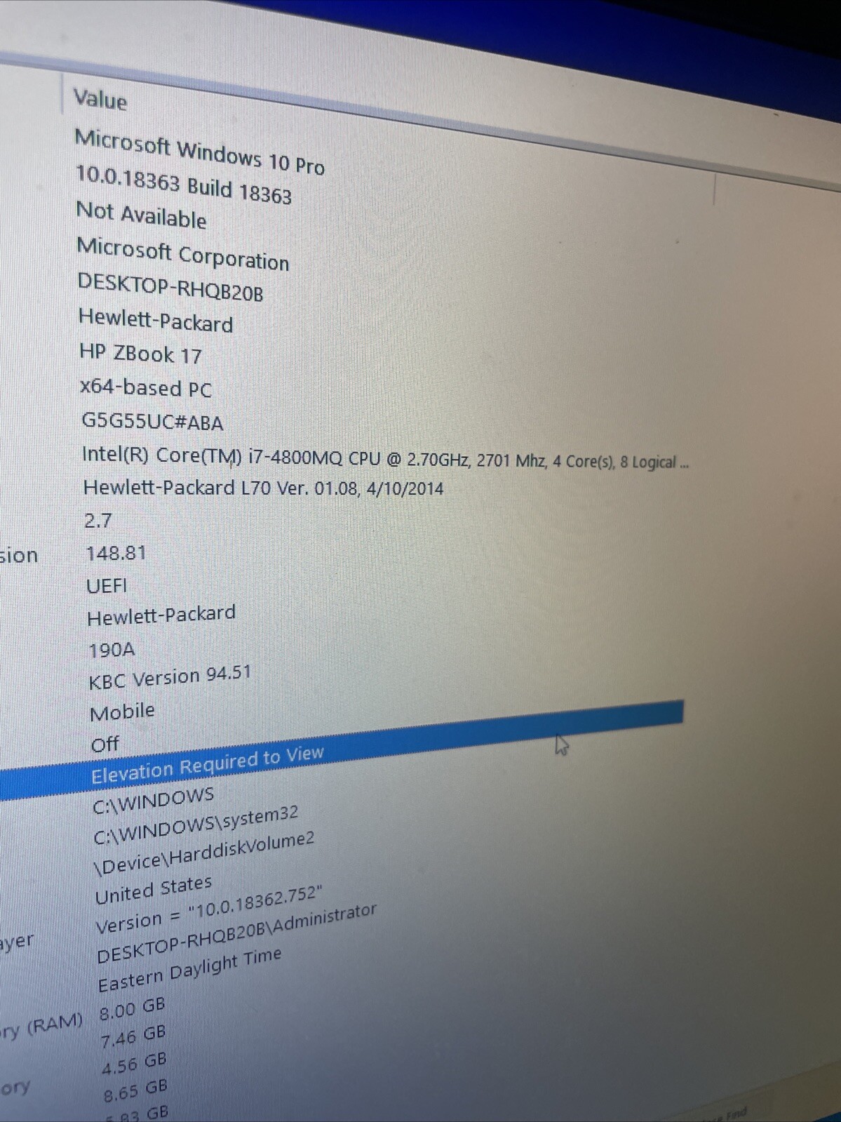 HP ZBook 17 Intel Core i7-4800MQ 2.70GHz 08GB RAM 256GB SSD Win 10 Pro