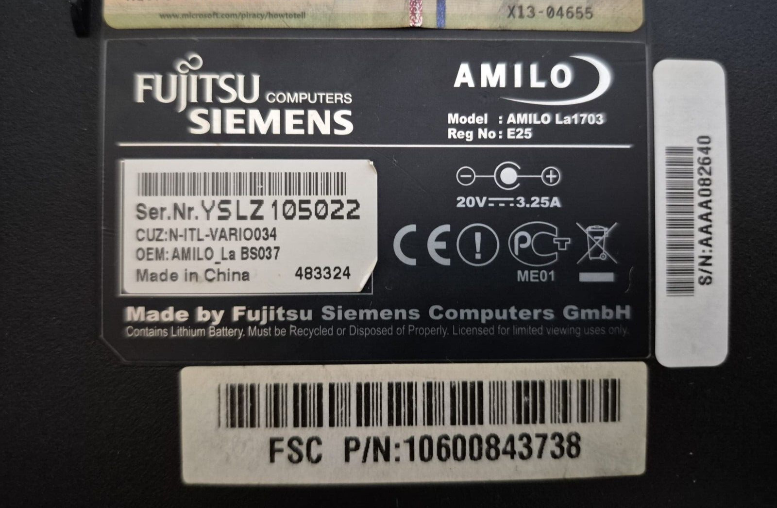 Fujitsu Siemens Laptop Amilo La1703 Cpu Amd Sempron 3500+ 2Gb For Parts