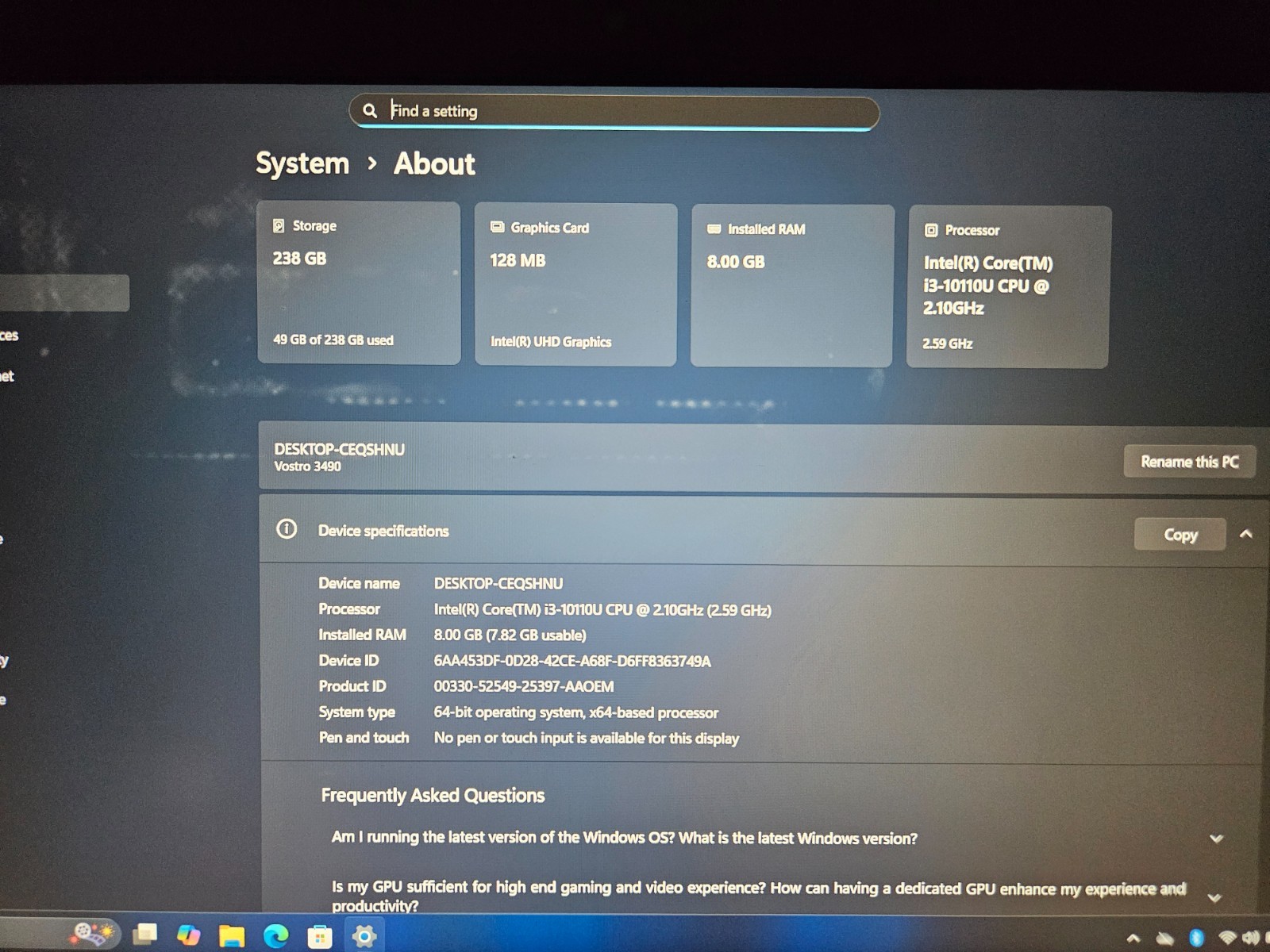 DELL VOSTRO 3490 Core i3-10110U, 8GB RAM, 256GB NVME, Windows 11 *READ #0022