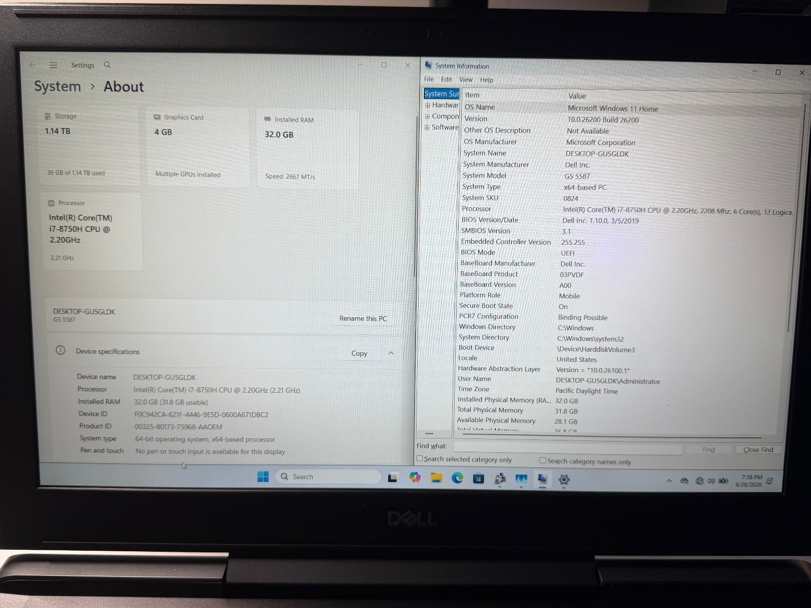 Dell G5 5587 15.6″ Intel Core i7-8750H 32GB RAM 256GB+1TB HD GeForce GTX 1050 Ti