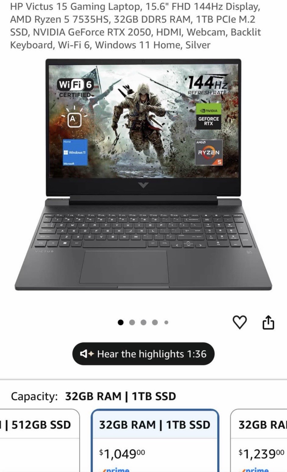 HP Victus 15-fb3xxx 15.6″ Ryzen 7 7445HS 32GB 1TB SSD RTX 2050 W11