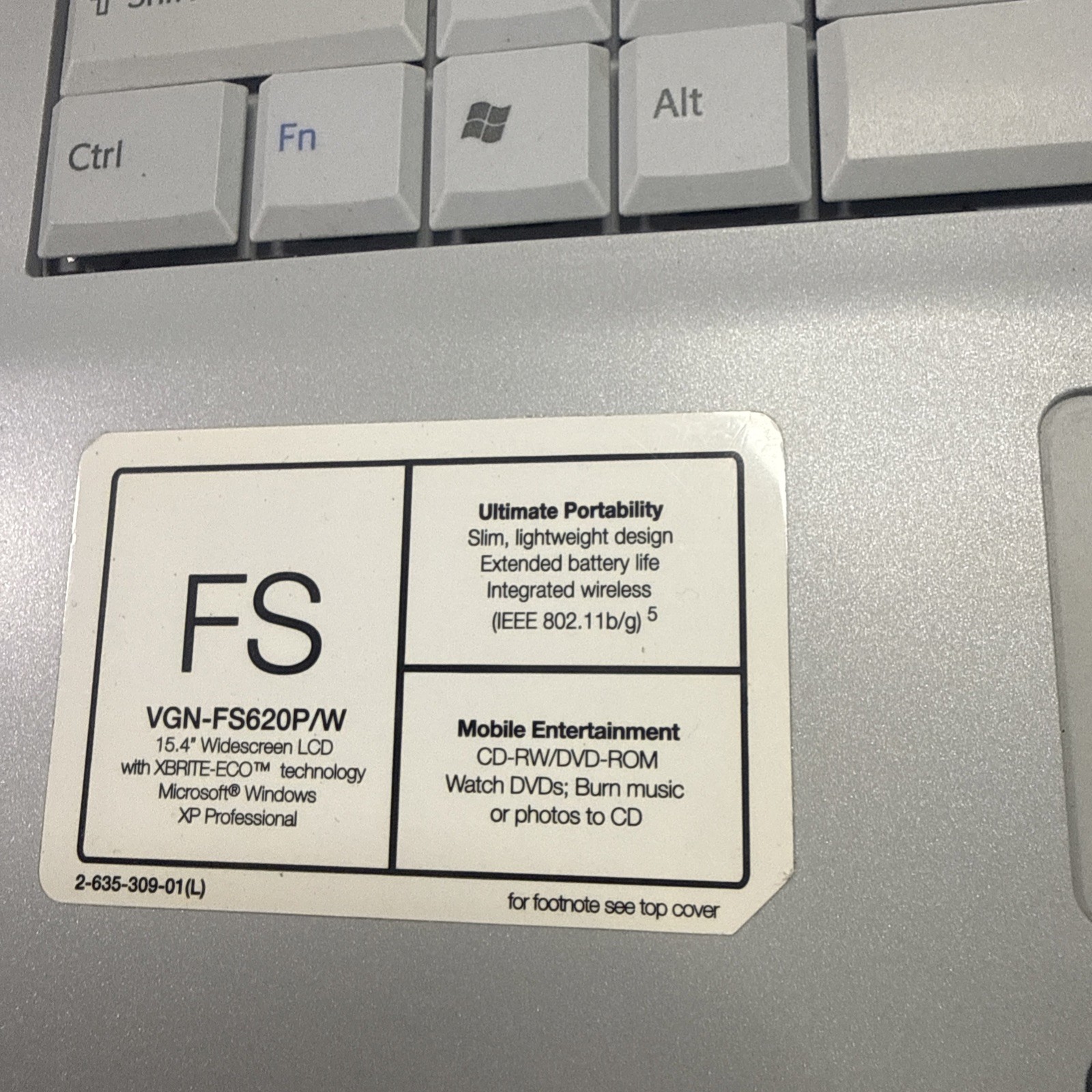 Sony Vaio VGN-FS620P W Intel Centrino Laptop 15.4” NO HDD
