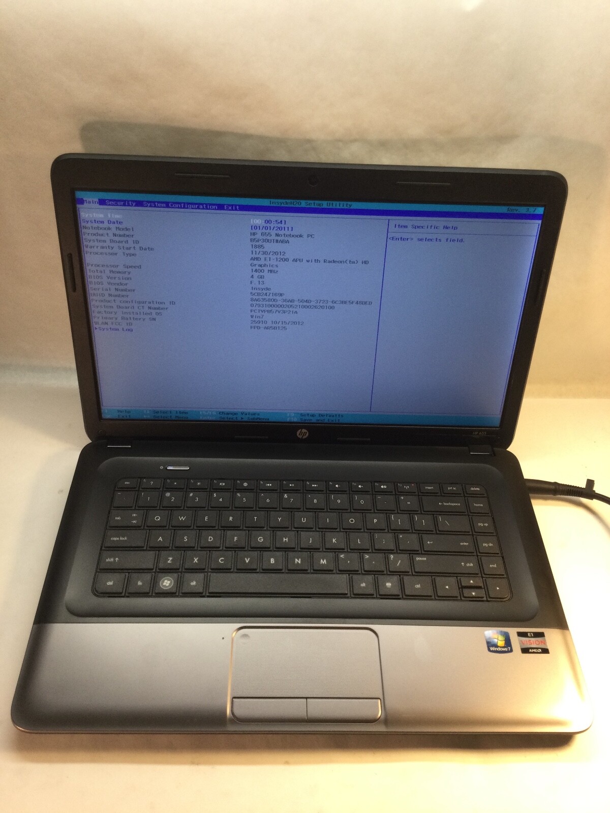 HP 655 15″ Laptop AMD E1-1200 Radeon HD – BOOTS TO BIOS *GOOD* MZ