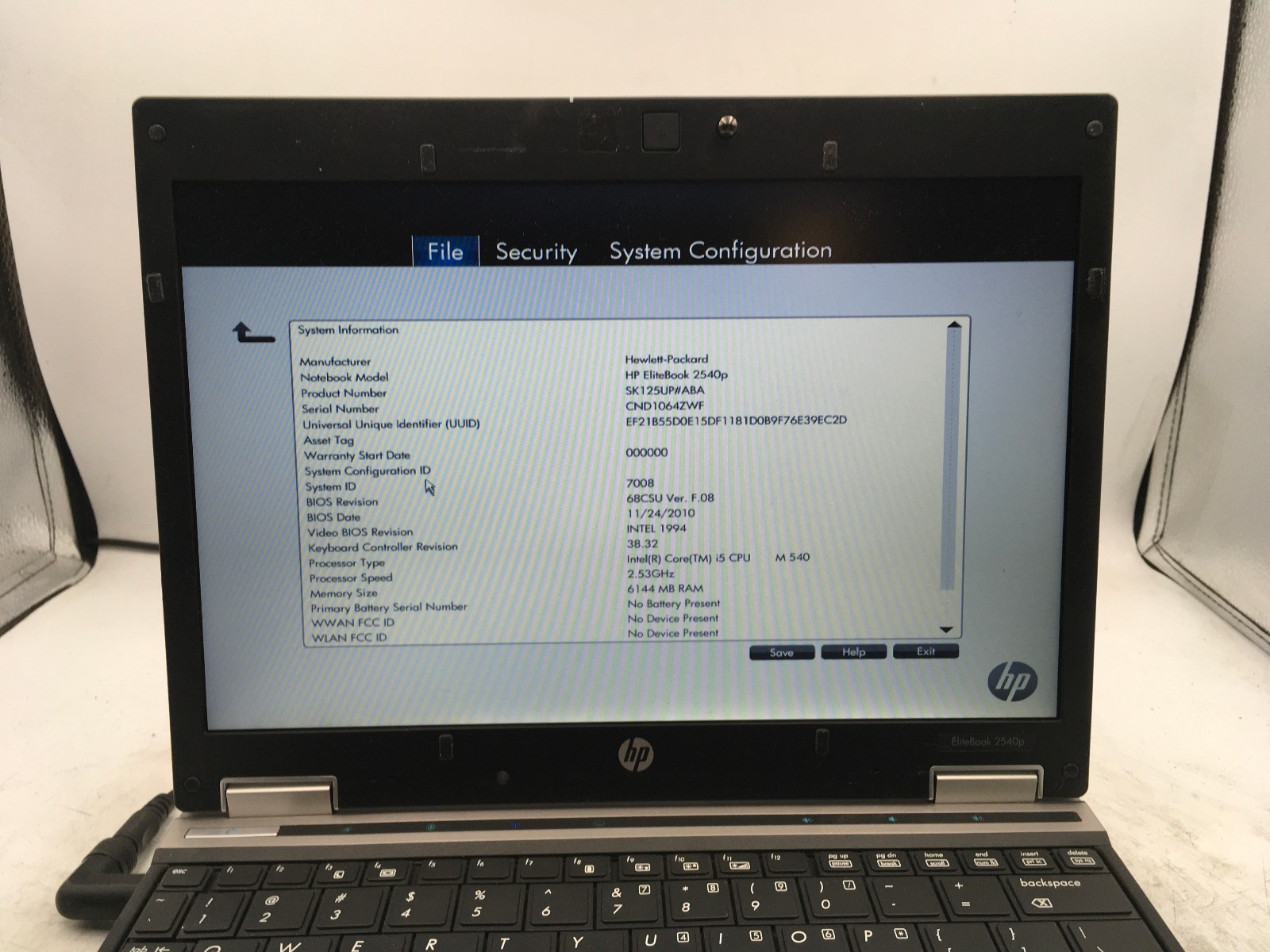 HP ELITEBOOK 2540P – BOOTS TO BIOS – INTEL I5 M540 – 2GB RAM – READ DESCRIP – BB