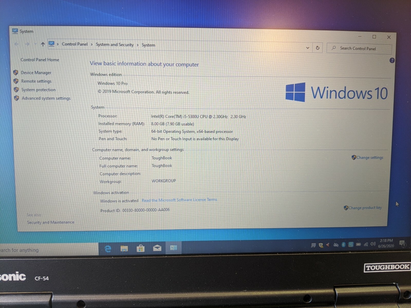 Panasonic Toughbook CF-54 mk1 Core i5-5300U 8GB RAM 240GB SSD Win10 w/ Bad Latch