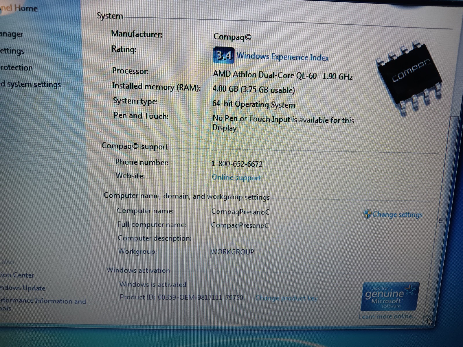 Hp Presario CQ50/Amd Athlon QL-60 1.90ghz/4gb/60gbSSD/Windows 7 Home/Webcam/15.4