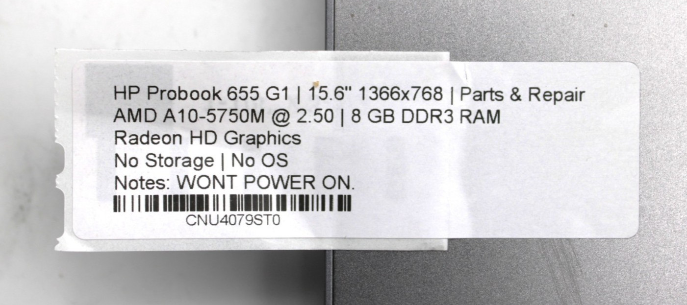 HP Probook 655 G1 AMD A10-5750M@2.5GHz 8GB DDR3 NO STORAGE OR OS *PARTS/REPAIR*