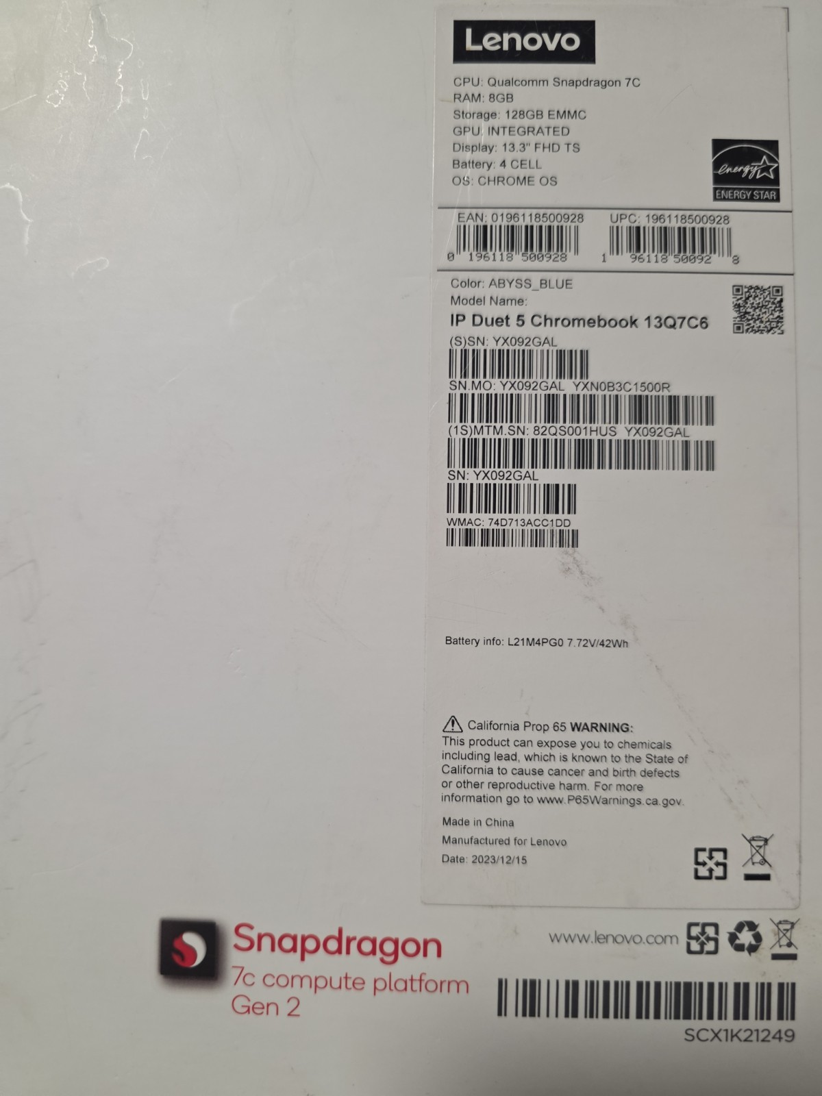 Lenovo chromebook duet 5 13.3 For Parts. No Charger AS IS