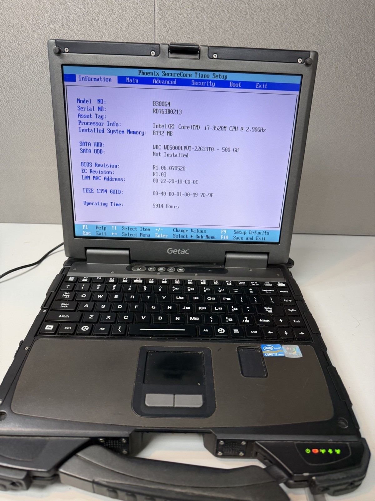 Getac B300 G4 Rugged Laptop i7-3520M 8GB RAM 500GB HDD Boots to BIOS