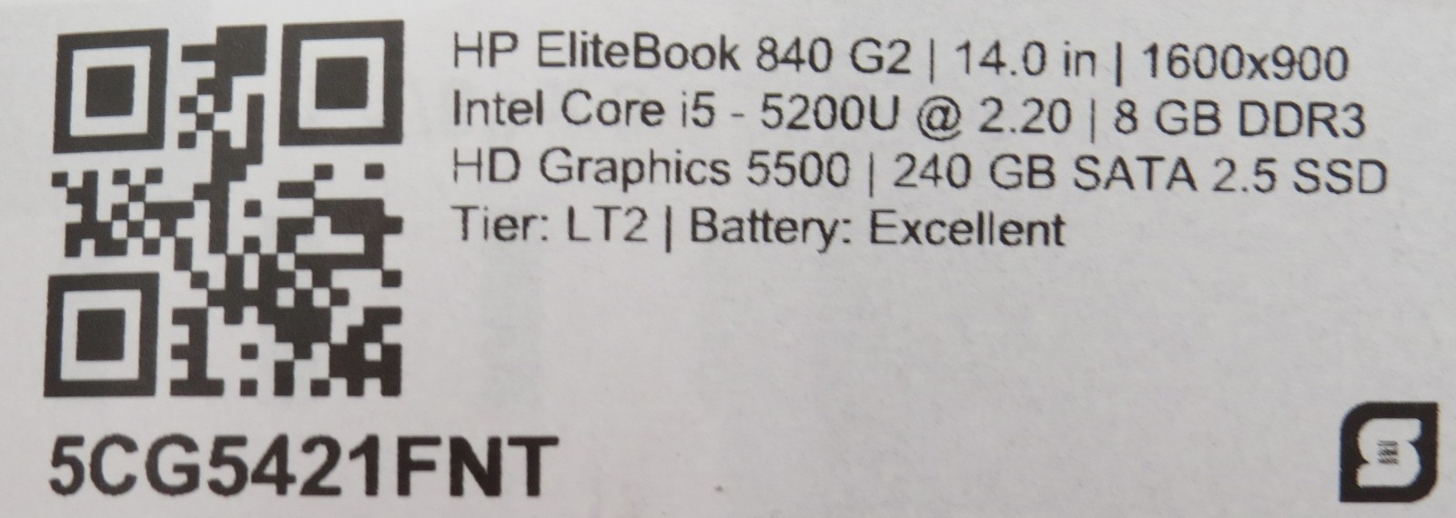 HP Elitebook 840 G2 i5-5200U @ 2.2GHz 8GB DDR3 240 GB SATA SSD No OS