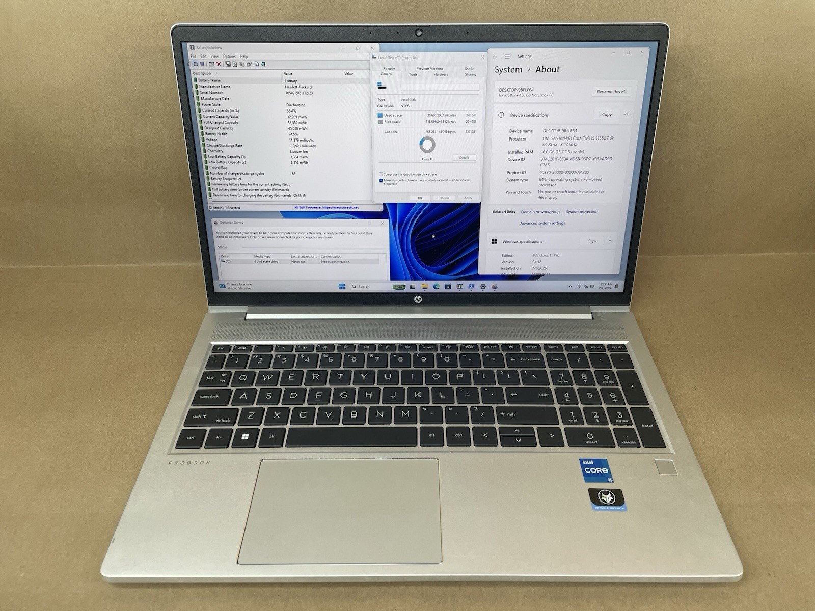 HP ProBook 450 G8 15.6″ i5-1135G7@2.40GHz 16GB RAM 256GB SSD Win11 Pro *READ*