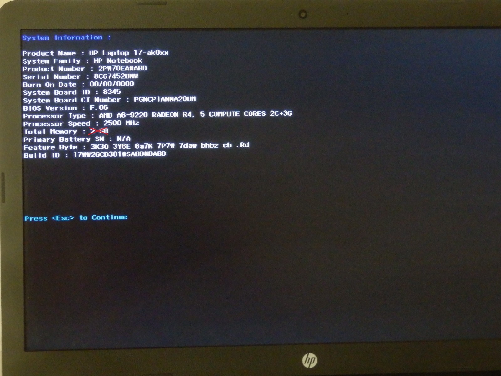 HP Laptop 17-ak062ng, AMD A6-9220, Radeon R4 Graphics, No Ram & SSD, Battery, Etc..