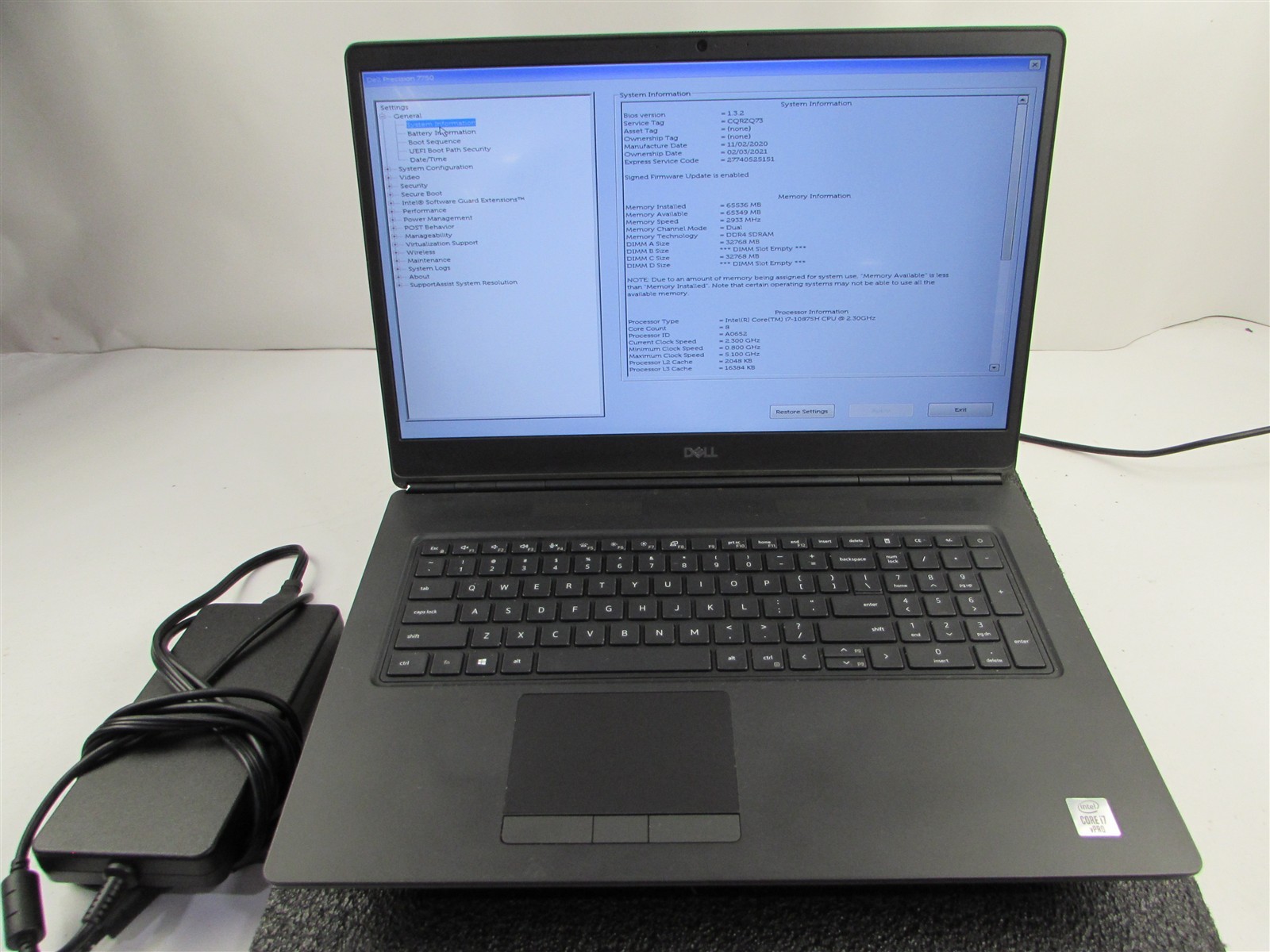 DELL PRECISION 7750 FHD CORE I7-10850H 512GB 64GB RAM RTX 4000 WIN 11 PRO NO BAT