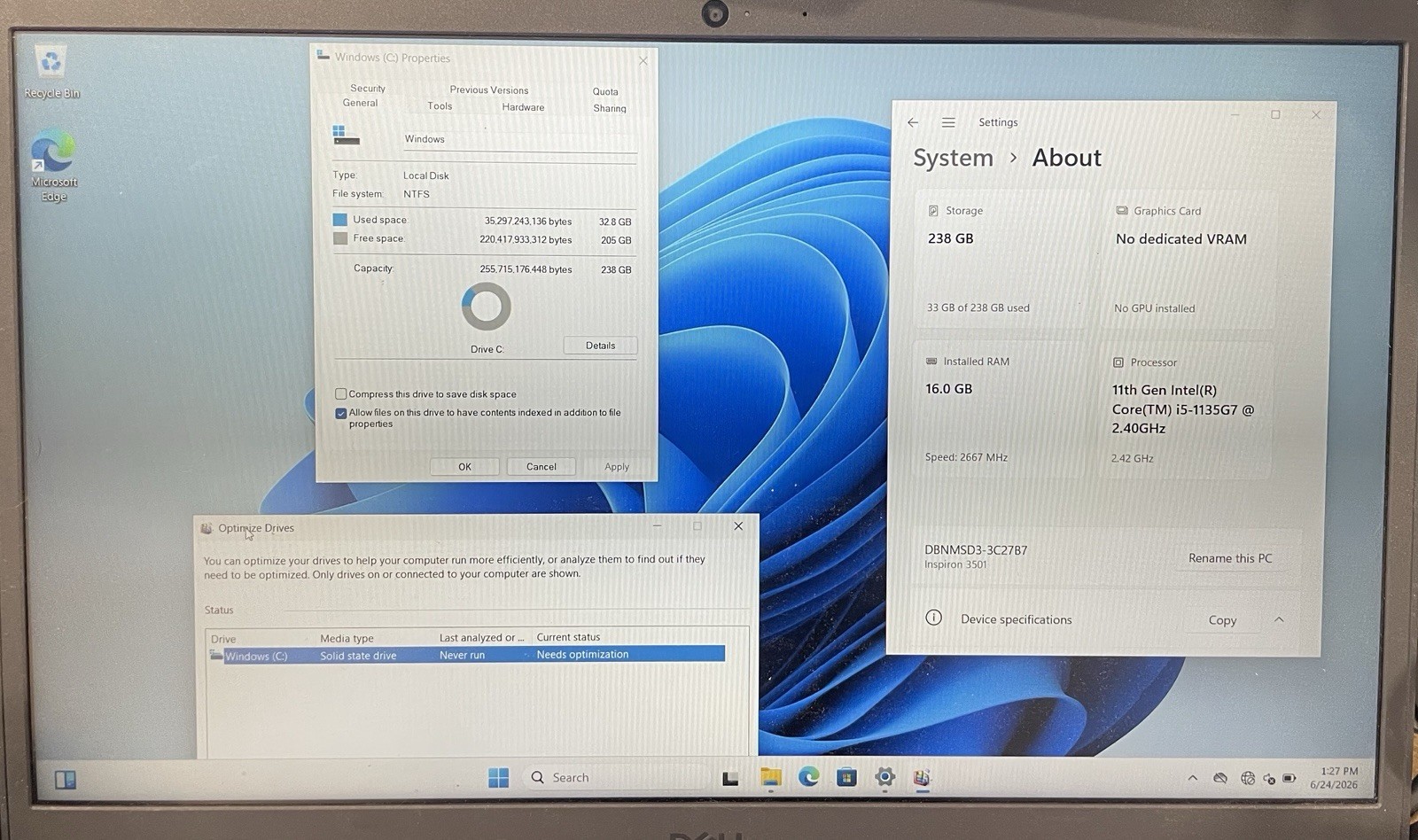 DELL INSPIRON 3501 Intel Core i5-1135G7@2.4GHZ 16GB DDR4 RAM 256GB SSD WIN 11P