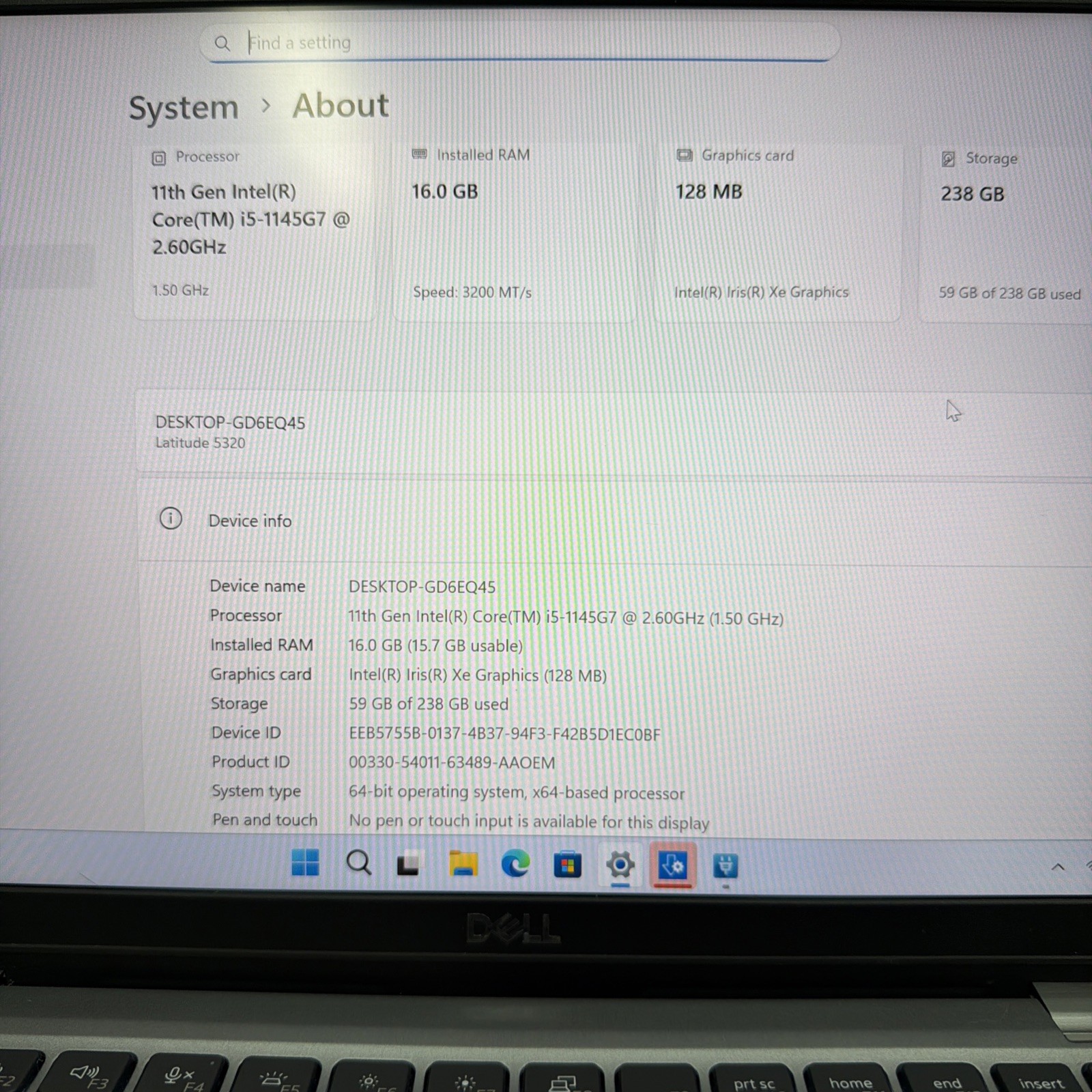 Dell Latitude 5320 13″ i5-1145G7 256GB SSD 16GB RAM 128GB Intel Iris Xe Graphics