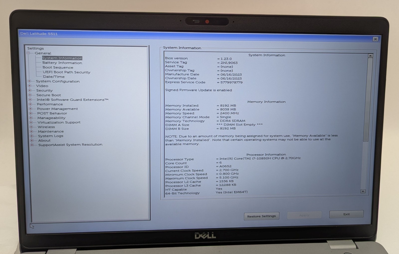 Incomplete Dell Latitude 5511 15.6″ Laptop i7-10850H 2.70GHz 8GB RAM – *READ*