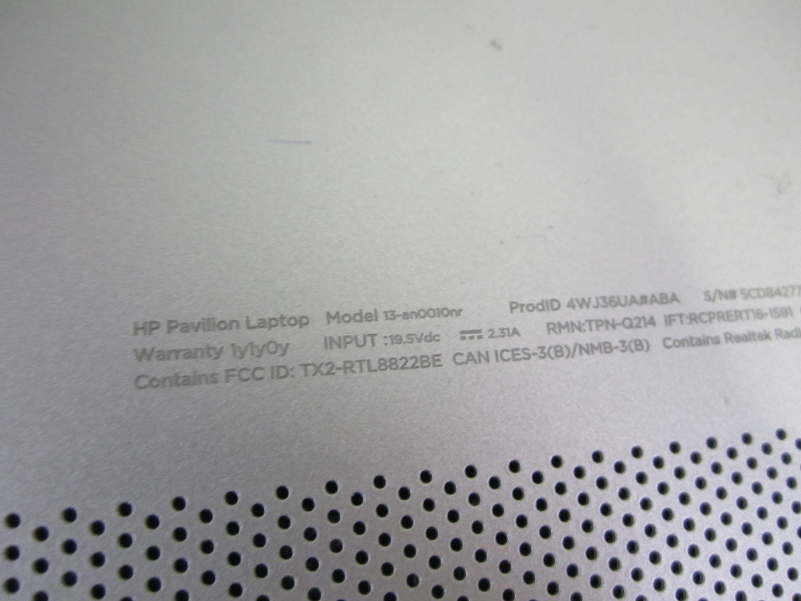 HP Pavilion 13-an0010nr i5-8265U 8GB 1.60GHZ 256GB M2SSD NO OS + AC LAPTOP READ