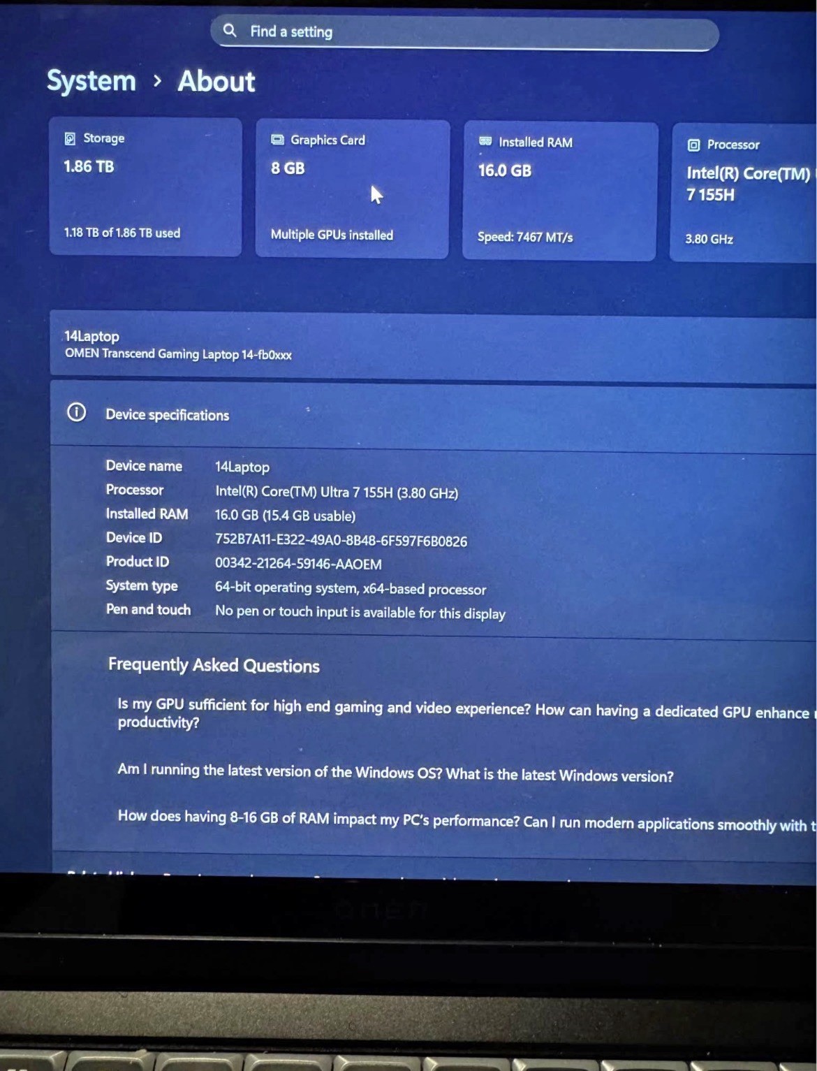 HP OMEN Transcend 14″ 3K OLED Core Ultra 7 155H 16GB DDR5 2TB SSD RTX 4060