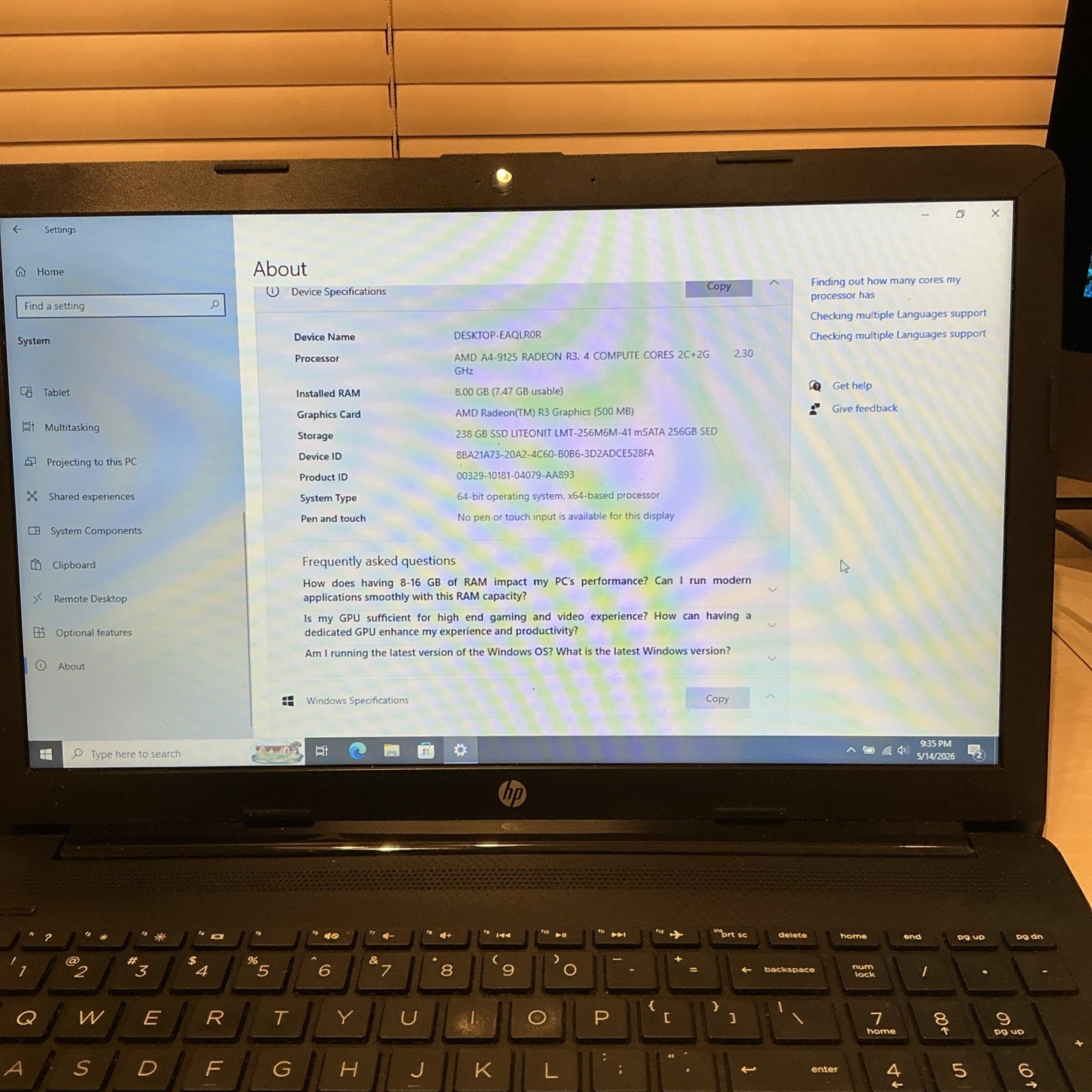 HP Notebook 15-db0xxx 14″ AMD A4-9125 8G RAM 256GB SSD Radeon R3 – Windows 10