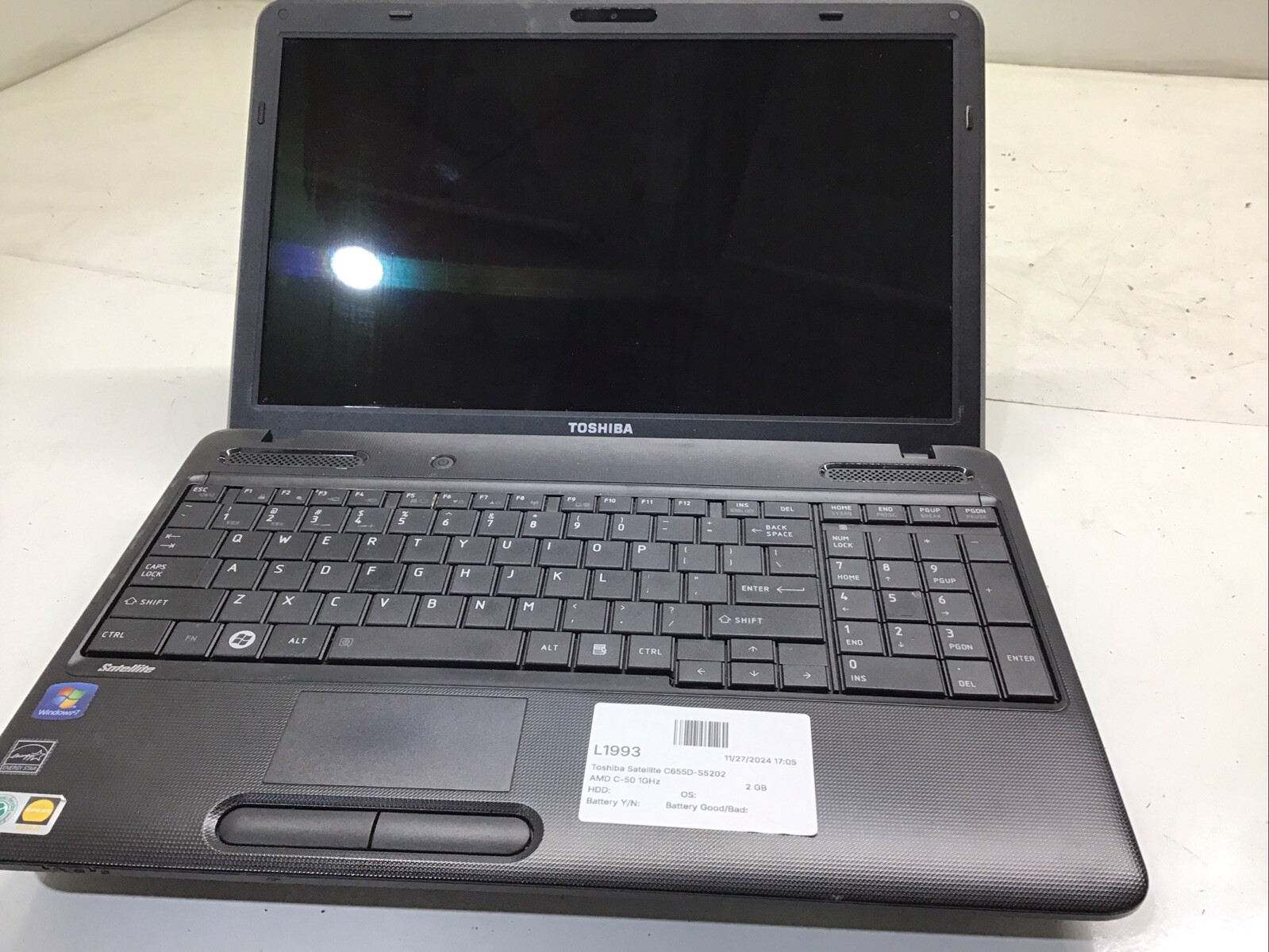 Toshiba Satellite C655D-S5202 AMD C-50 1GHz 2 GB NO HDD No Batt – READ