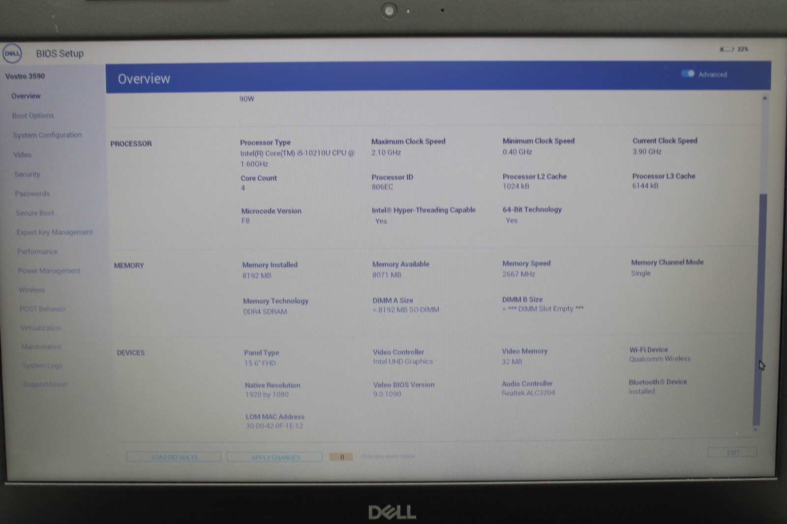 Dell Vostro 3590 i5-10210U @ 1.6 GHz 8GB DDR4 No SSD No OS