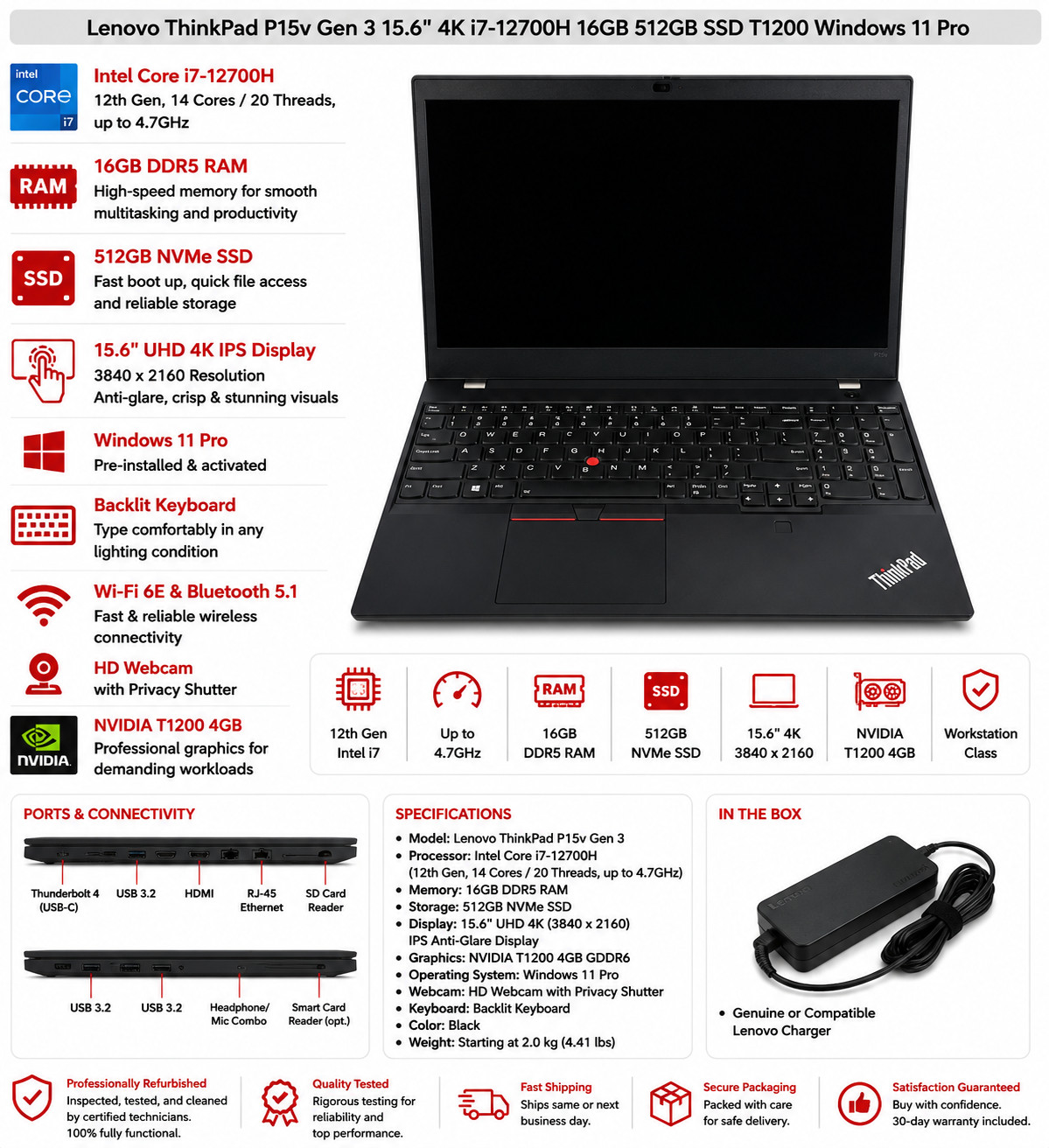 Lenovo ThinkPad P15v Gen 3 15.6″ 4K i7-12700H 16GB 512GB SSD T1200 Win11 Pro