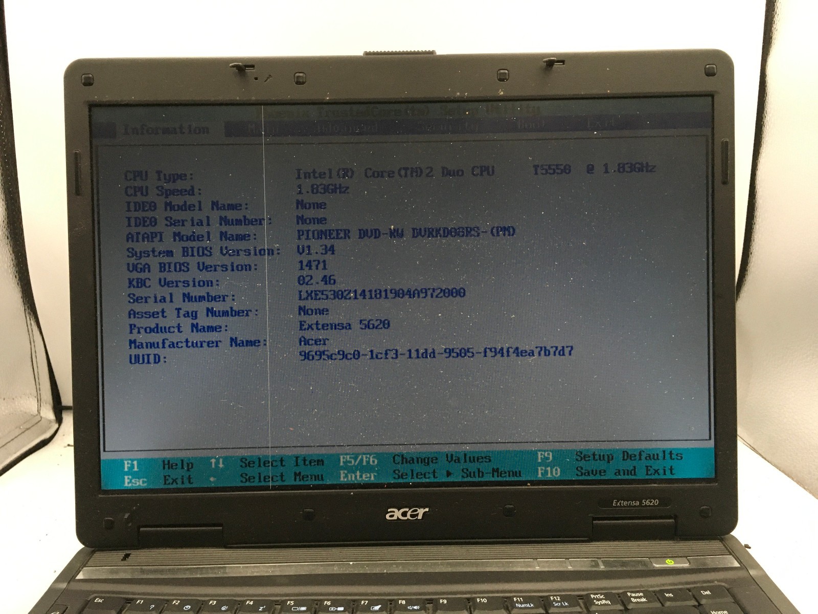 ACER EXTENSA 5620 – BOOTS TO BIOS – INTEL CORE 2 T5550 – NO RAM – READ DESC – BB